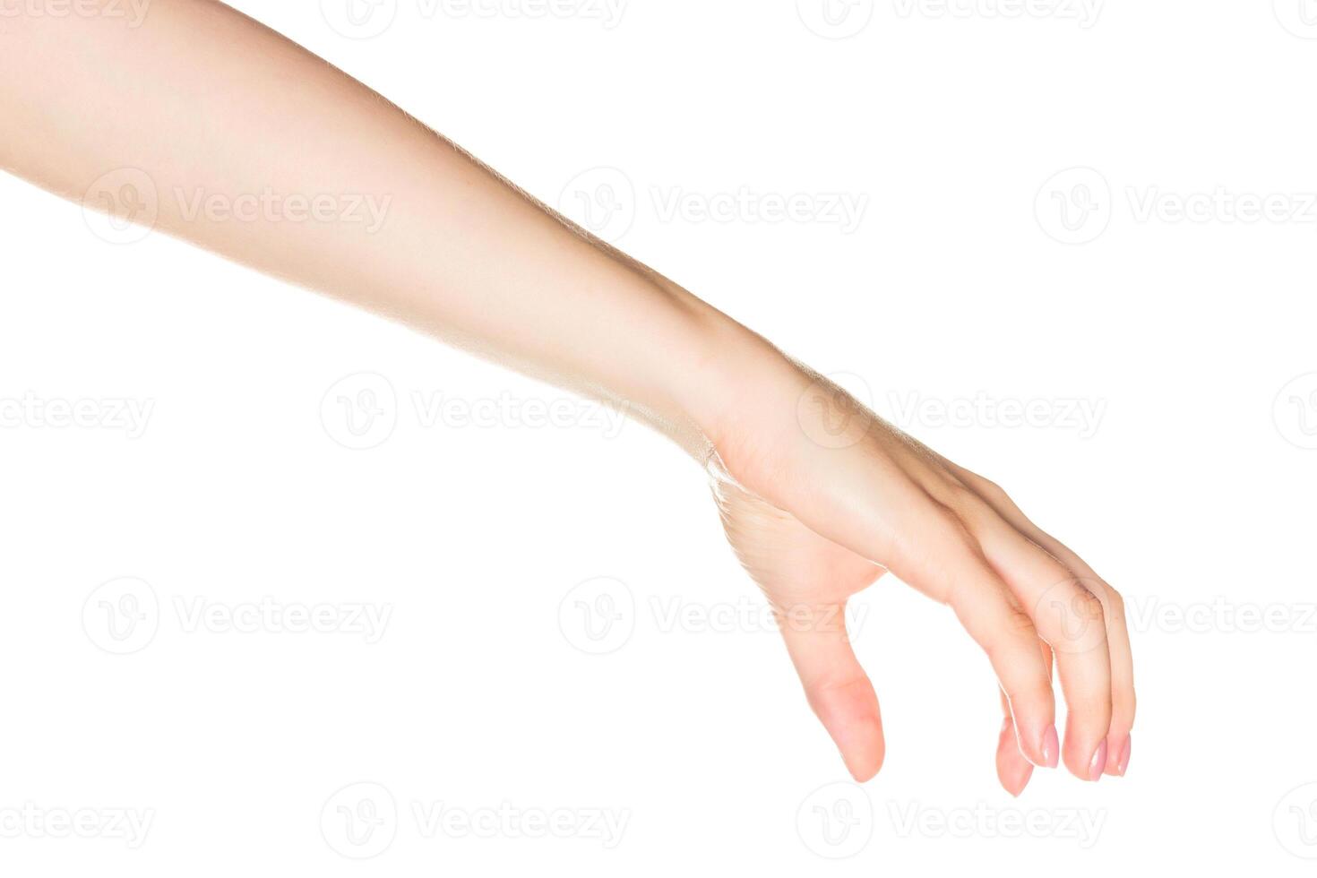 Hand stretches forward from a neutral background, showcasing delicate fingers and graceful movement photo