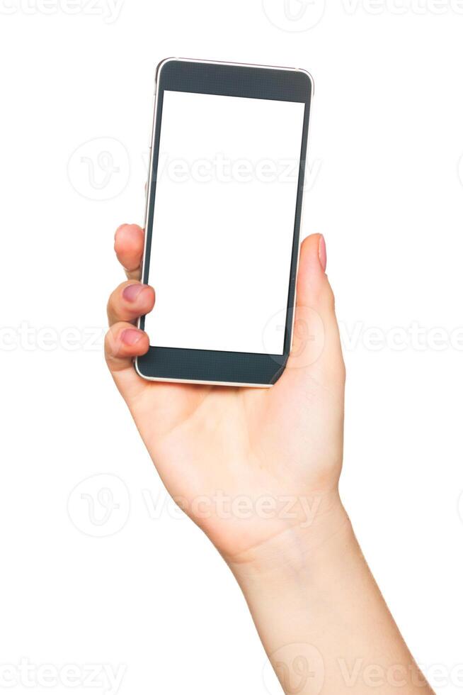 Hand holding blank smartphone ready for customization and personalization for various applications and uses photo