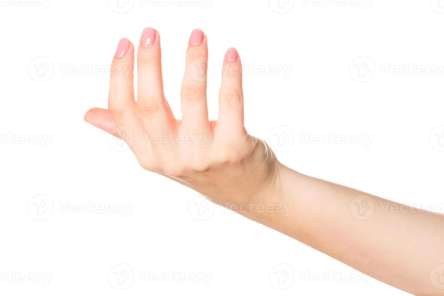 Hand gesture suggesting invitation with soft pink nails against a white background photo