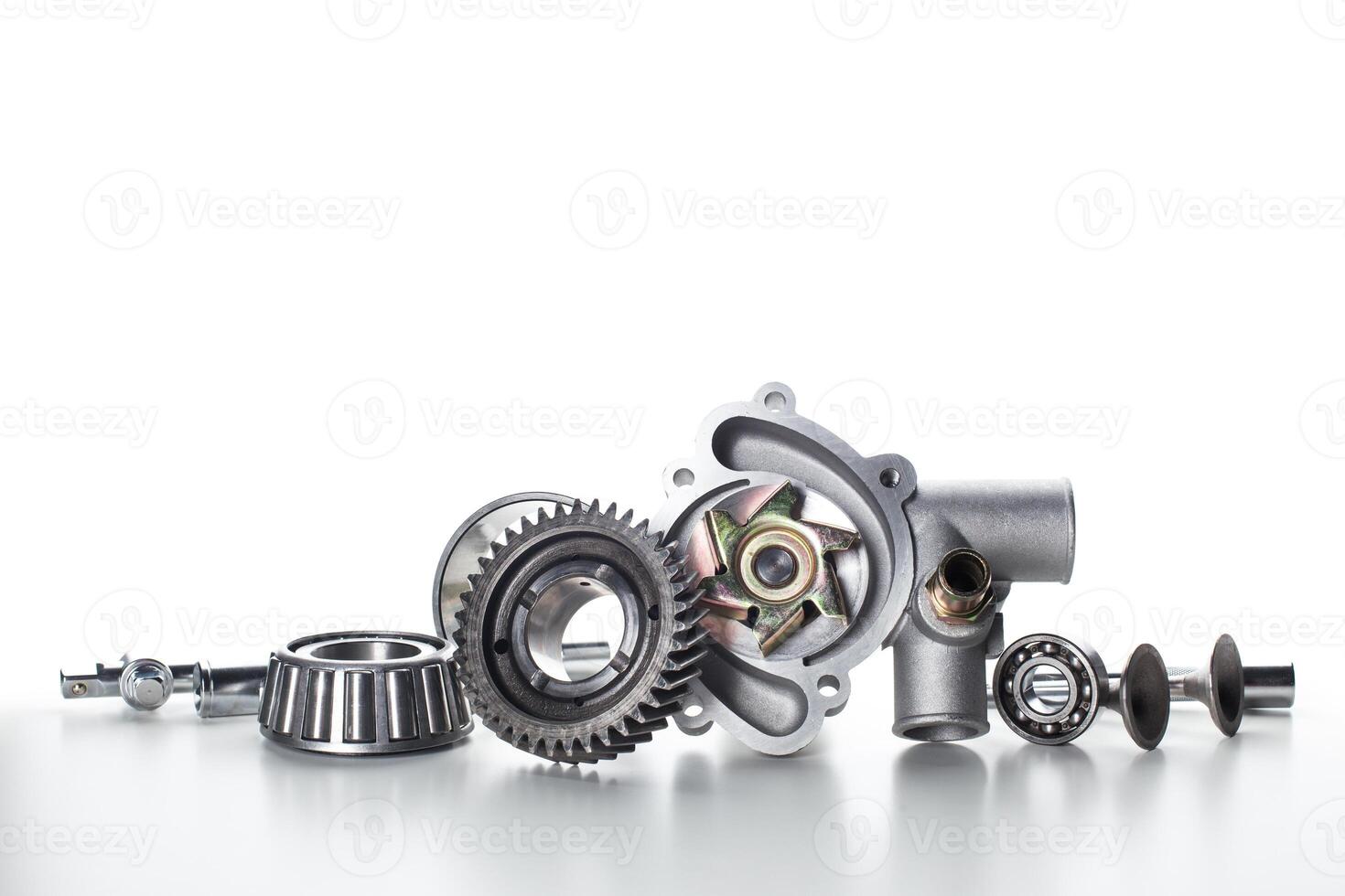 Various automotive components arranged on a white background highlighting their design and functionality photo