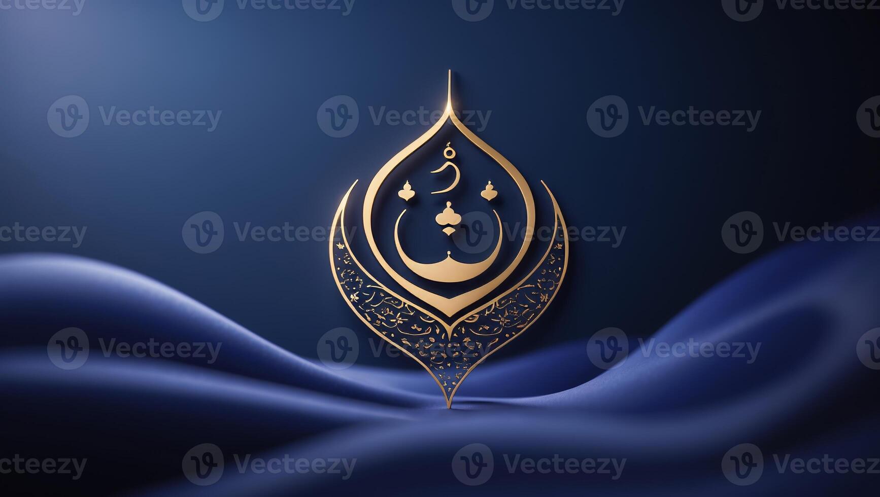 Elegant calligraphic design featuring intricate gold motifs on deep blue fabric background photo