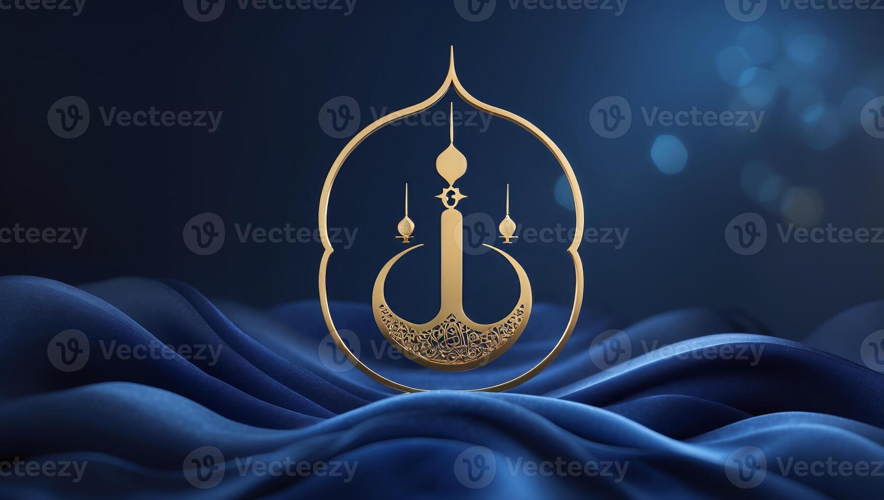 Elegant golden emblem rests on deep blue waves, symbolizing cultural heritage and artistic expression photo