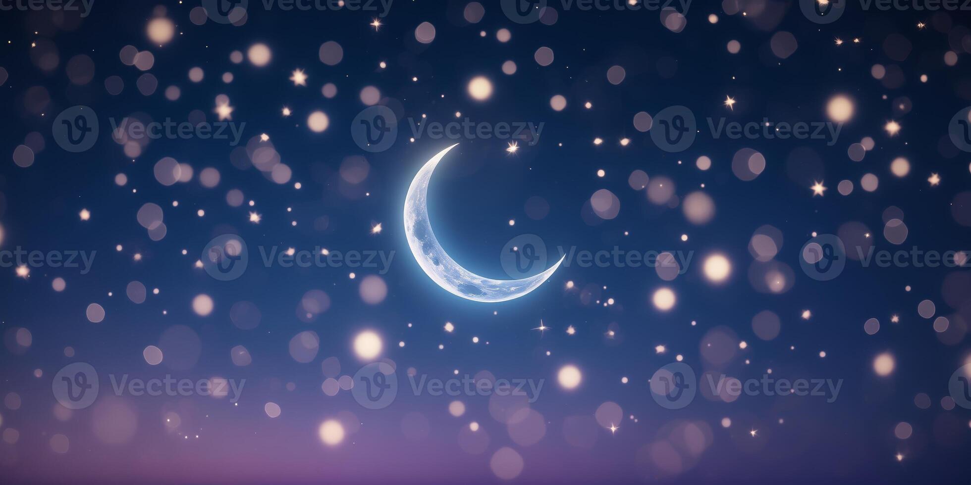 Night sky with a crescent moon and twinkling stars over a serene landscape photo