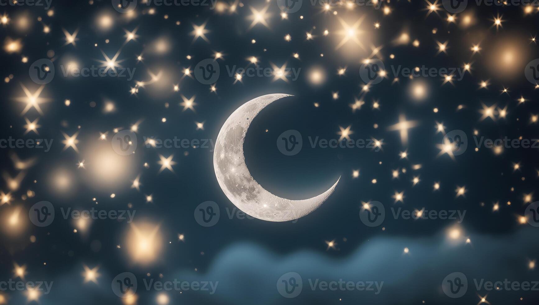 Night sky filled with stars and a crescent moon illuminating a serene atmosphere over a tranquil landscape photo