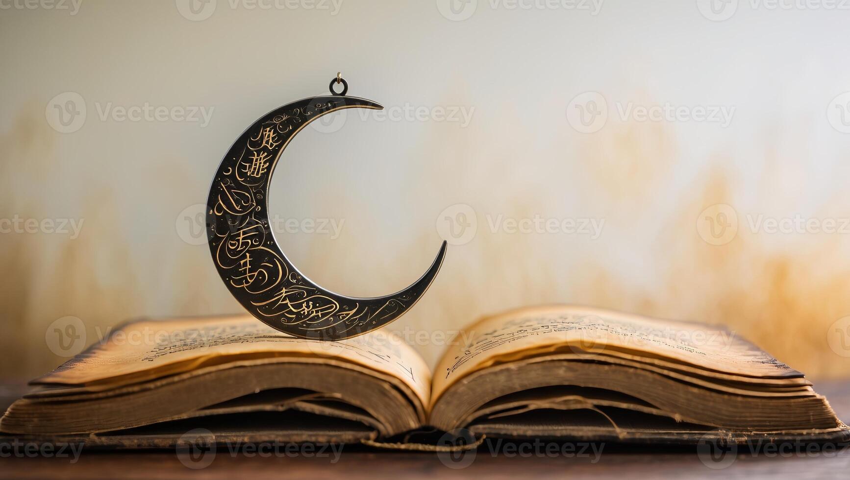 Decorative crescent moon ornament resting on an open antique book with faded pages showcasing intricate details in a serene setting photo