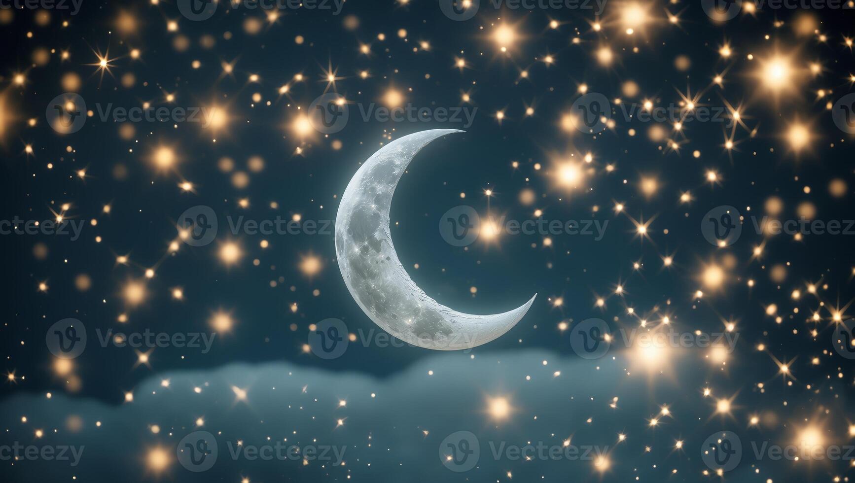 Night sky filled with stars and a crescent moon illuminating a serene landscape photo