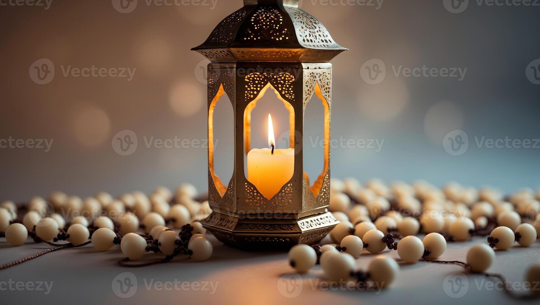 Candlelit lantern surrounded by decorative beads in a softly lit setting during evening hours photo
