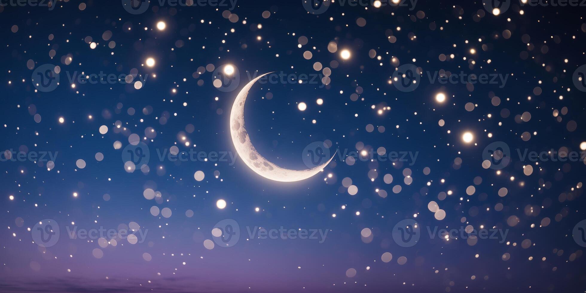 Night sky displaying a crescent moon surrounded by twinkling stars and shimmering lights over a serene landscape photo