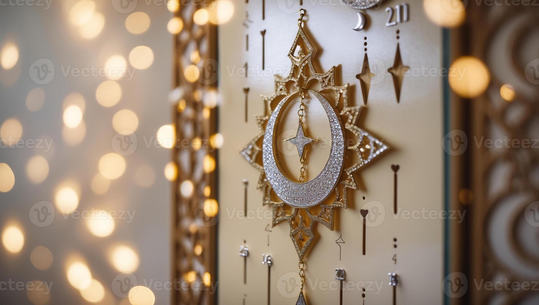 Decorative crescent moon ornament displayed against a softly lit background during festive season photo