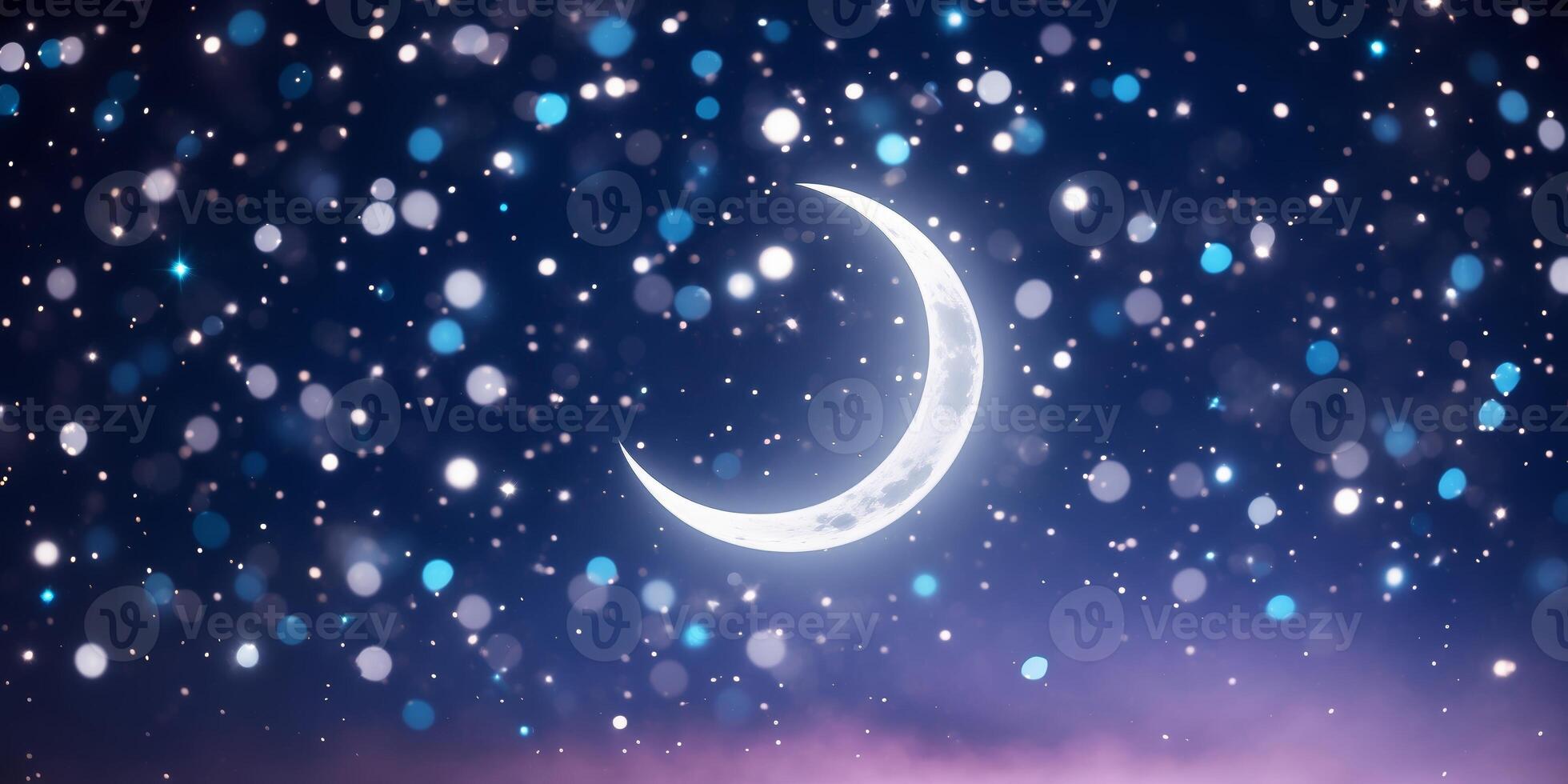 Shimmering crescent moon illuminated by sparkling stars in a night sky over a tranquil landscape photo