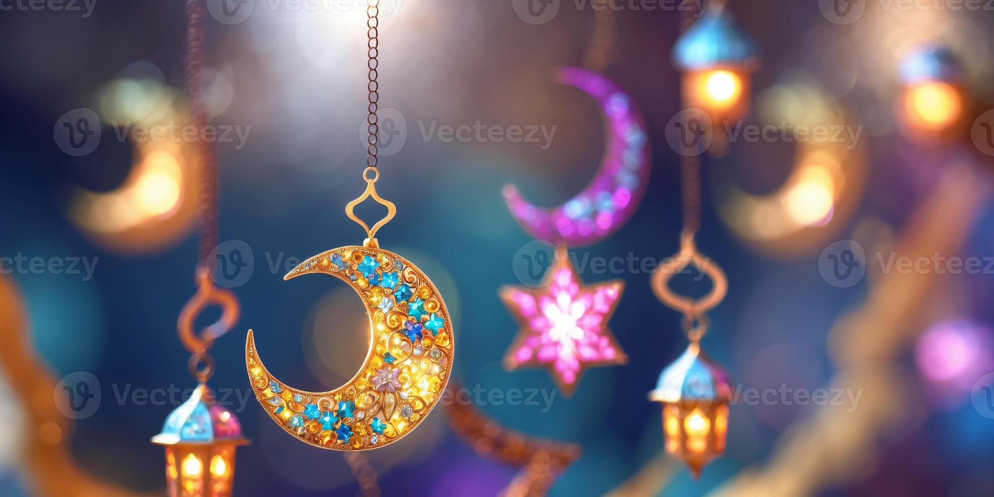 Stunning display of colorful crescent moon and star decorations for a festive evening celebration photo