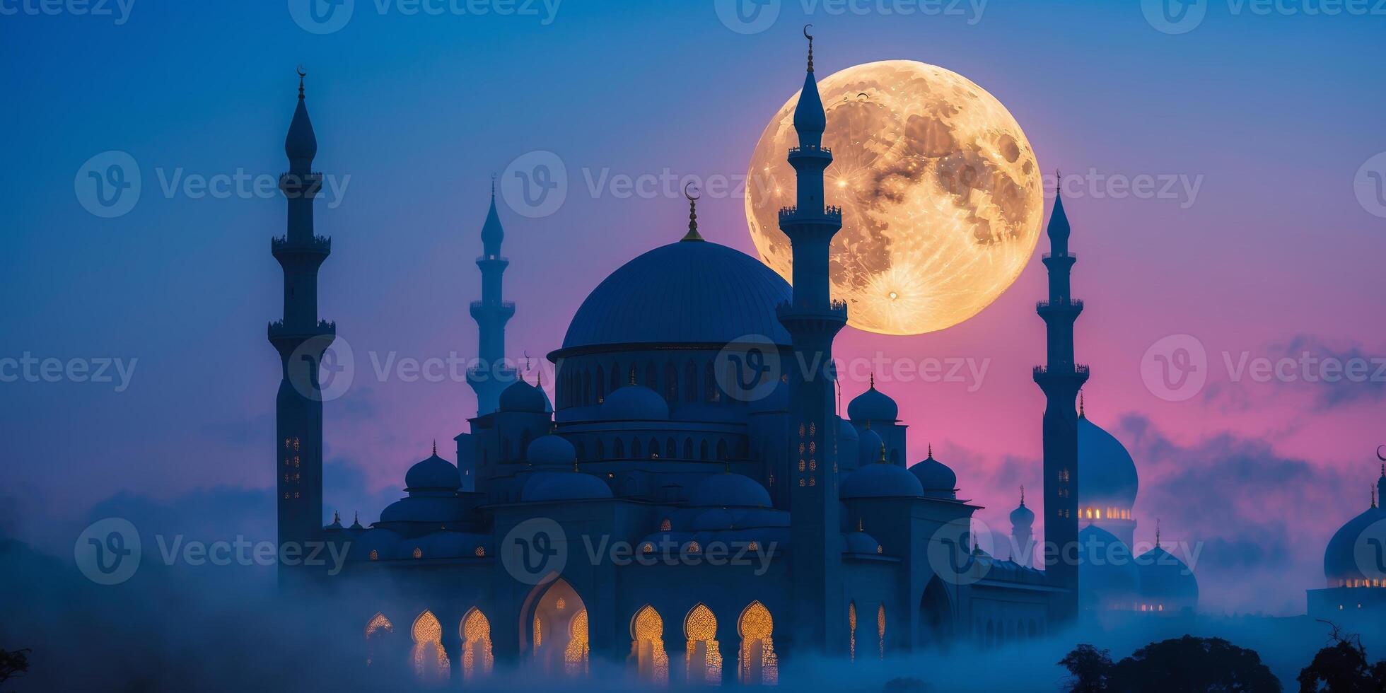 Majestic mosque silhouette with a full moon glowing in the night sky over a tranquil landscape photo