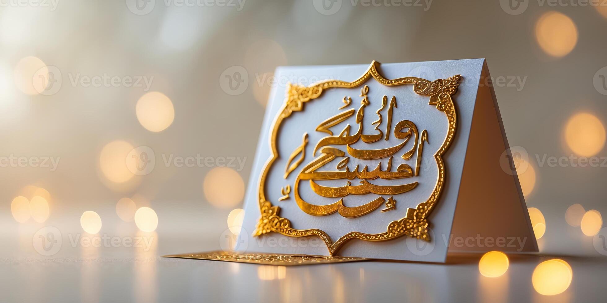 Elegant gold calligraphy card displayed on a reflective surface with soft bokeh lights in the background photo