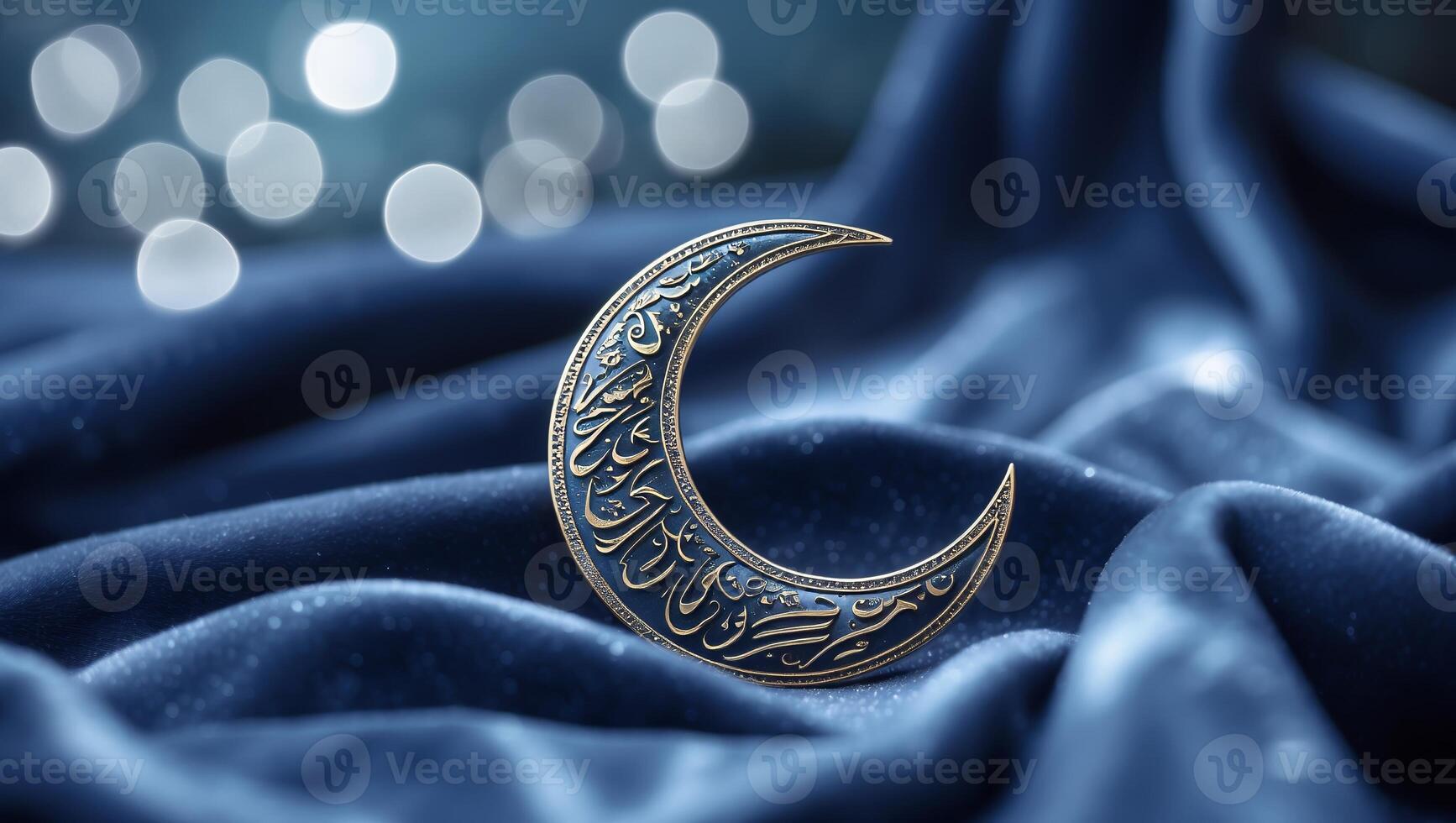 Decorative crescent moon on soft blue fabric with shimmering lights creating a serene atmosphere photo