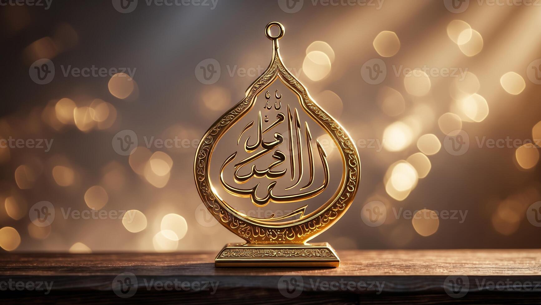Elegant Arabic calligraphy adorns a decorative piece on a wooden surface with shimmering golden light in the background photo