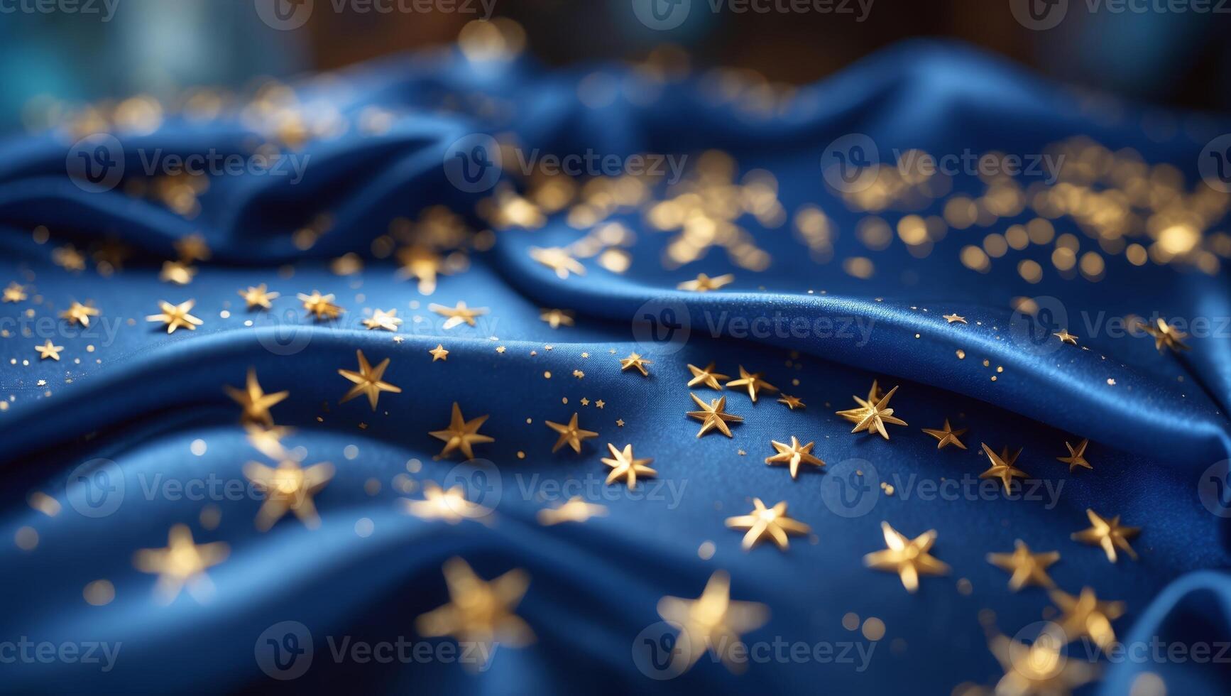Elegant blue fabric adorned with gold stars creates a whimsical atmosphere for decor and design projects photo