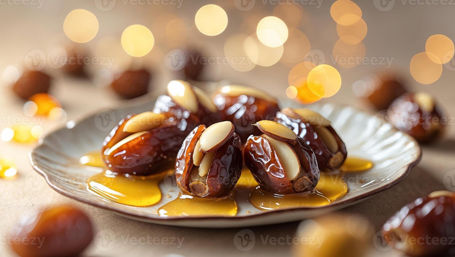 Delicious stuffed dates drizzled with honey on a decorative plate with a warm bokeh background photo