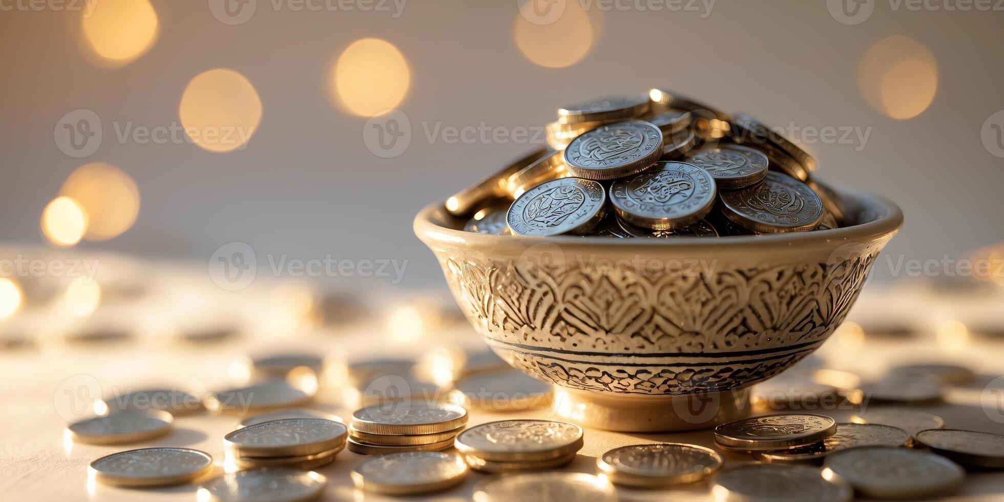 Coins arranged in a decorative bowl with soft lights in the background creating a warm atmosphere at dusk photo
