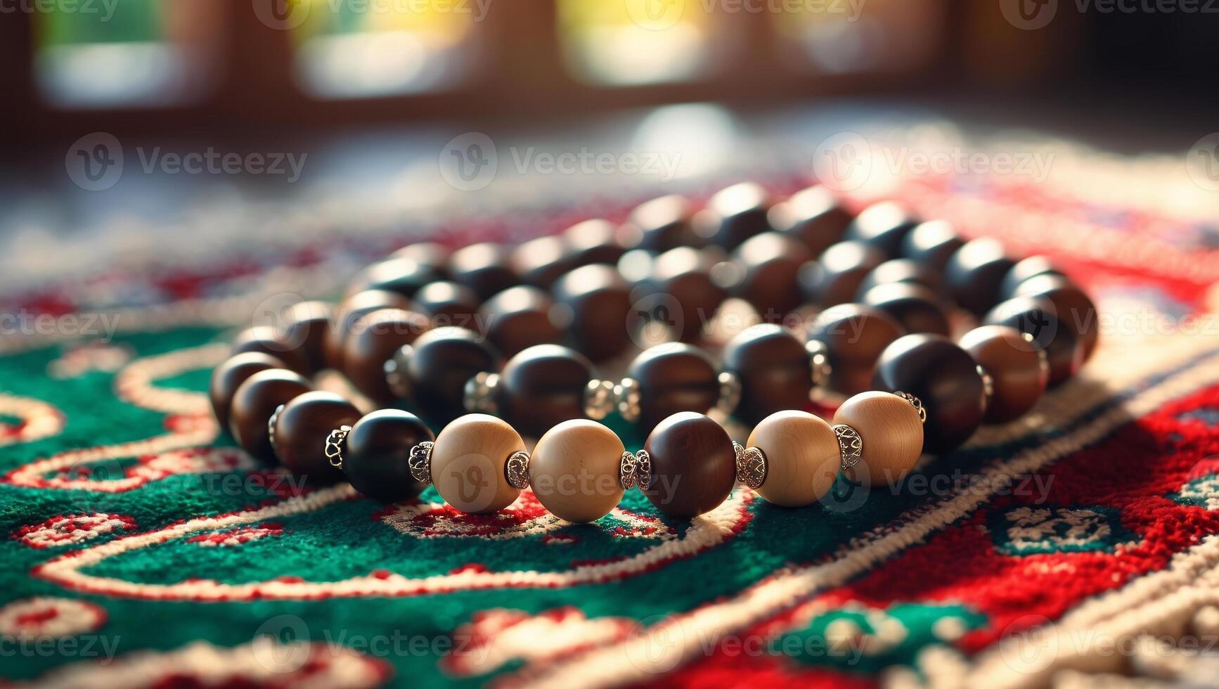 Beautifully crafted prayer beads displayed on a colorful patterned textile in a warm, cozy setting photo