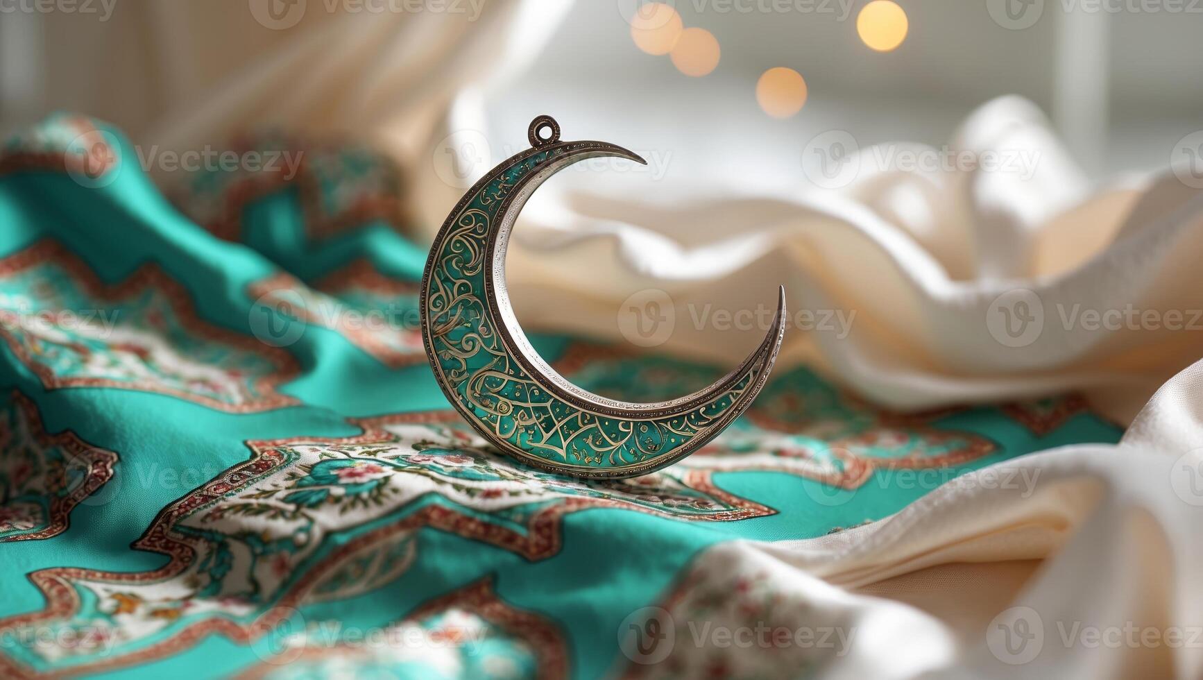 Metal crescent moon ornament rests on patterned fabric in a serene setting photo