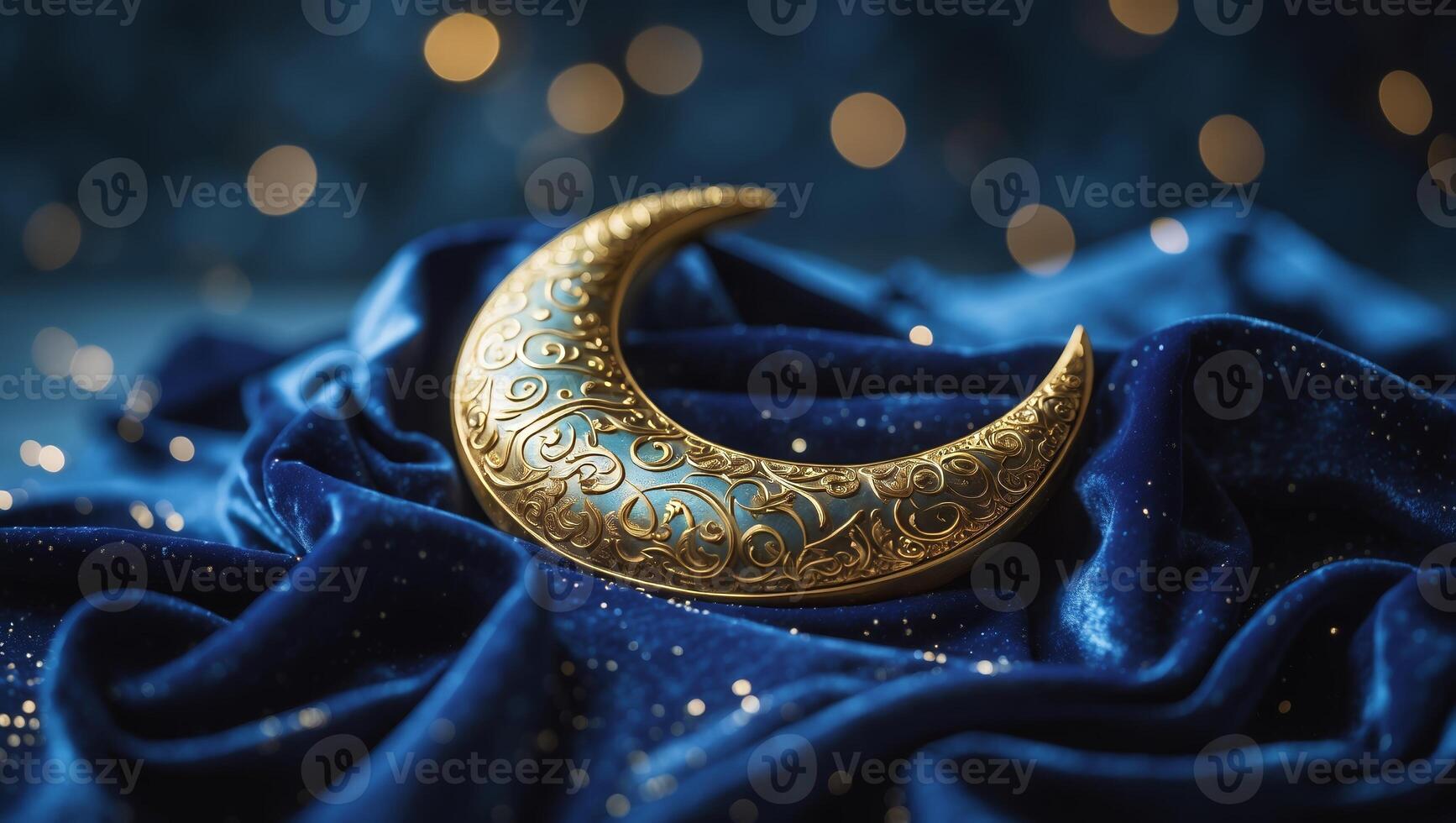 Moon-shaped ornament rests on elegant blue fabric with sparkling accents during a nighttime setting photo