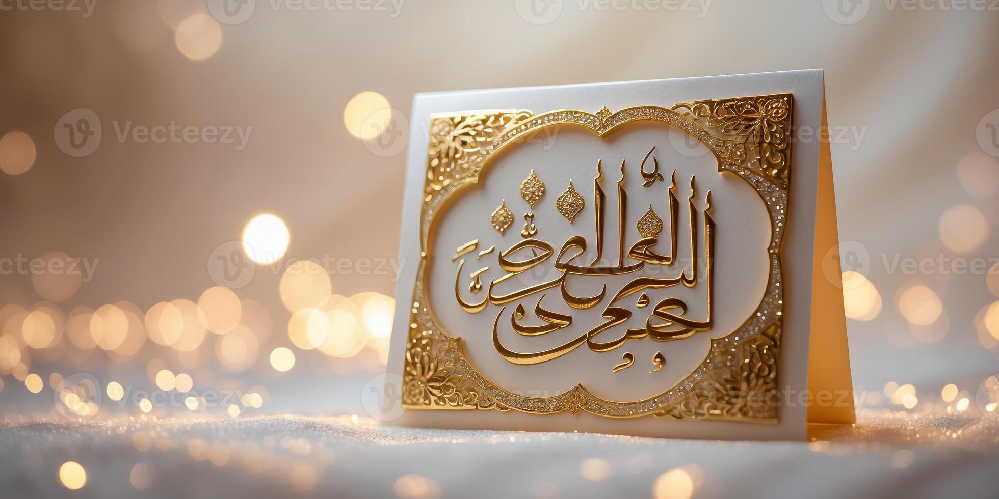 Elegant greeting card with ornate Arabic calligraphy on a shimmering background during a festive celebration photo