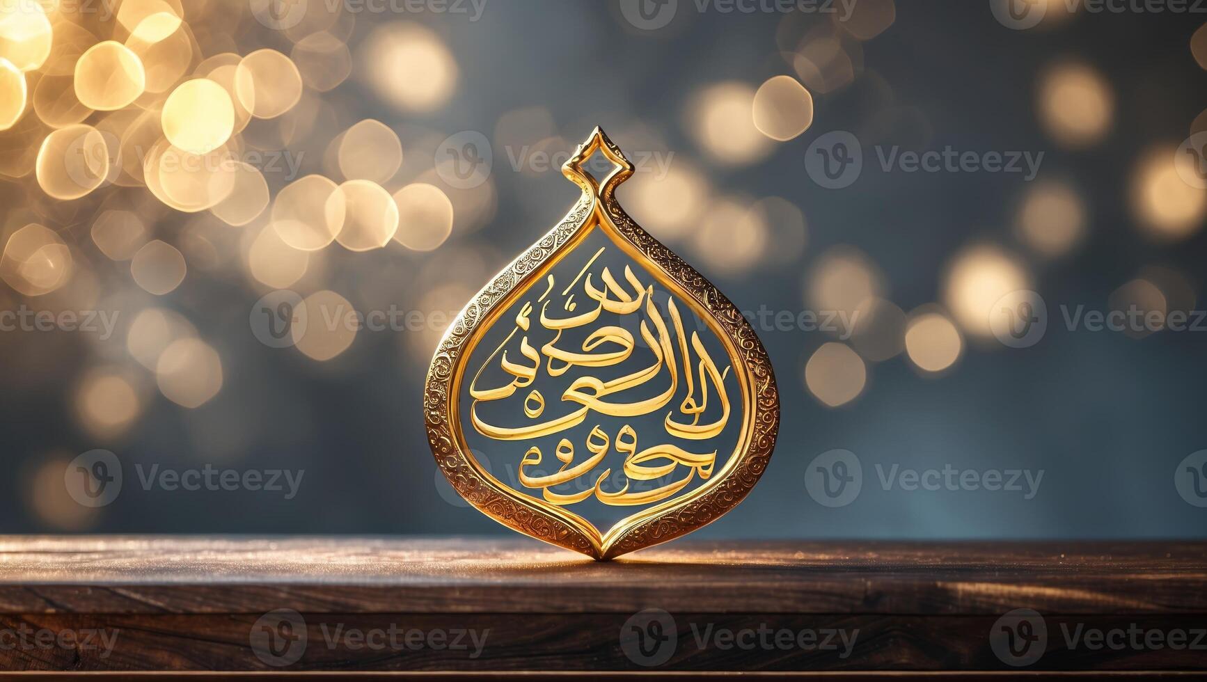 Decorative Arabic calligraphy art piece on a wooden surface illuminated by warm bokeh lights photo