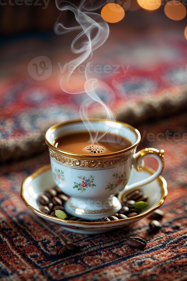 Warm cup of coffee steaming gently on an ornate tablecloth with aromatic coffee beans around photo
