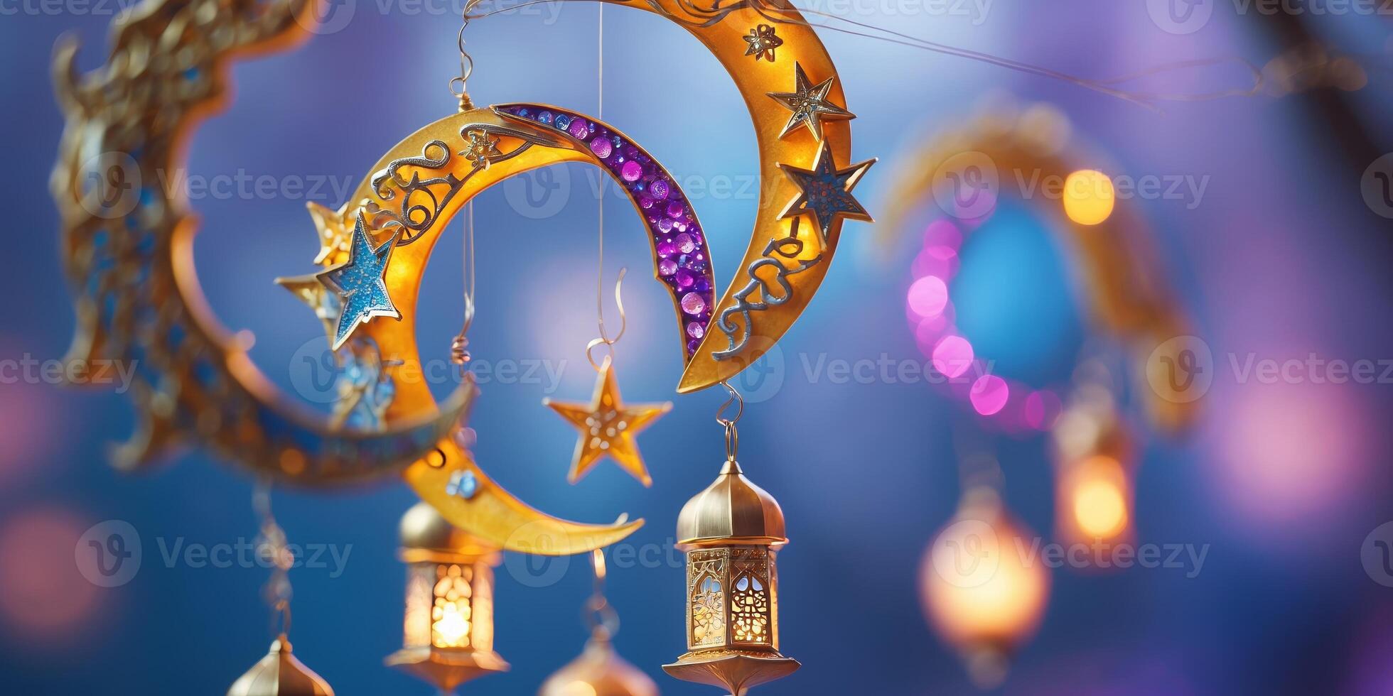 Decorative crescent moons and stars hanging in soft evening light during a cultural celebration photo