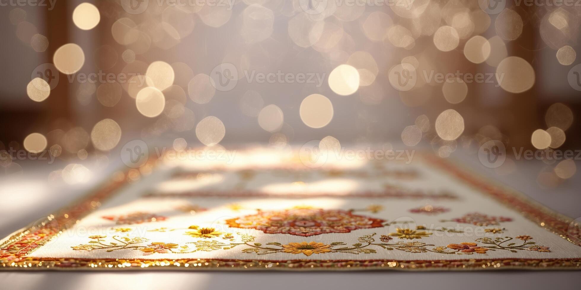 Intricate decorative carpet on display surrounded by soft, glowing lights in an elegant setting photo