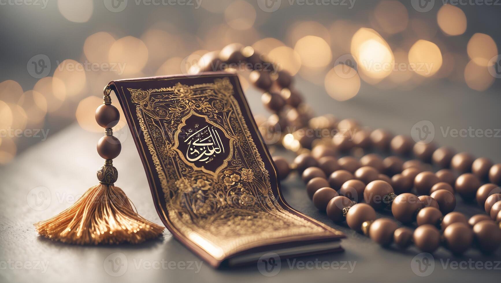 Elegant display of a holy book and prayer beads with soft bokeh effects at an intimate gathering setting photo