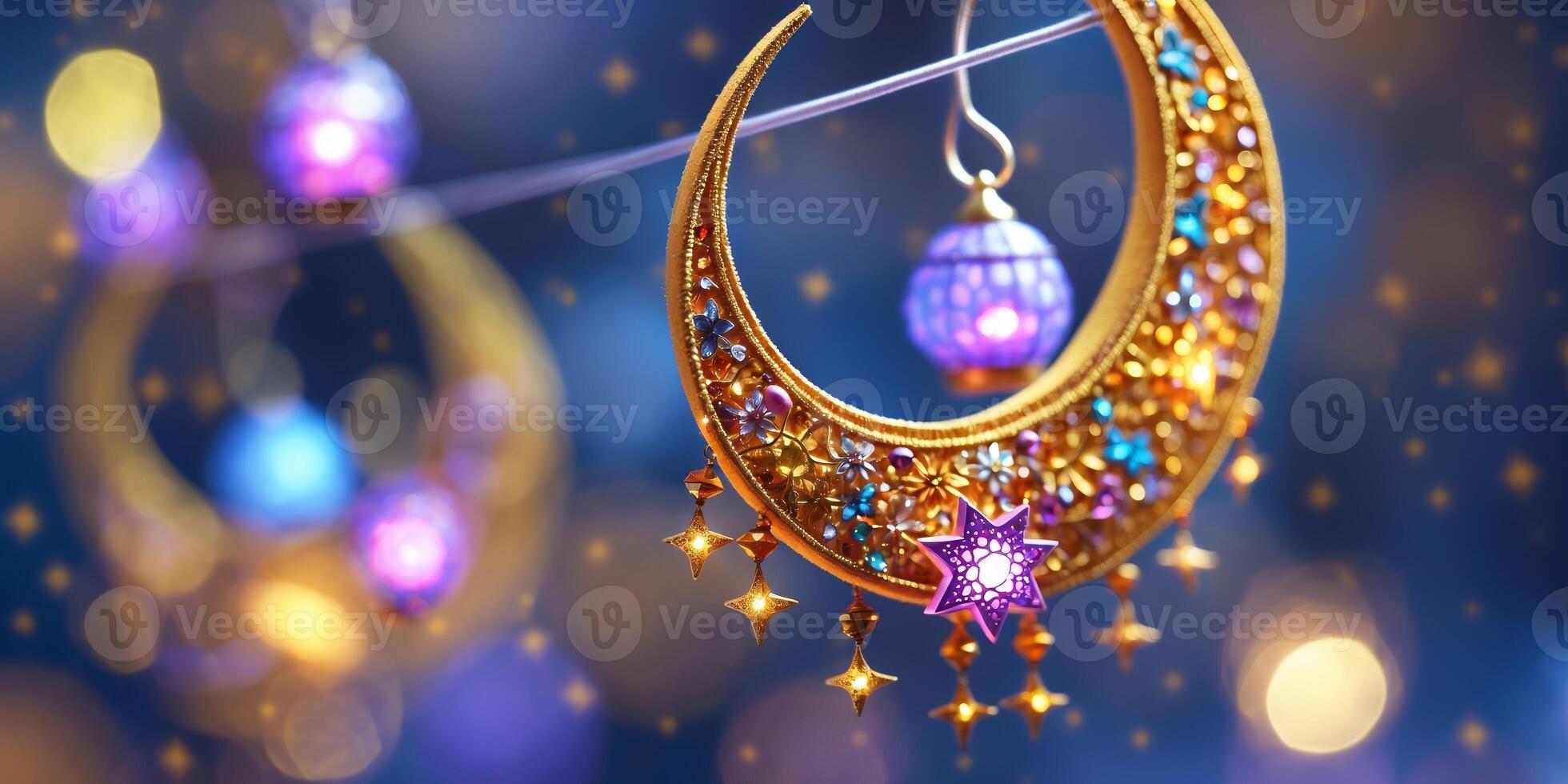 Beautifully crafted crescent moon earrings adorn a festive backdrop of colorful lights at a celebration photo