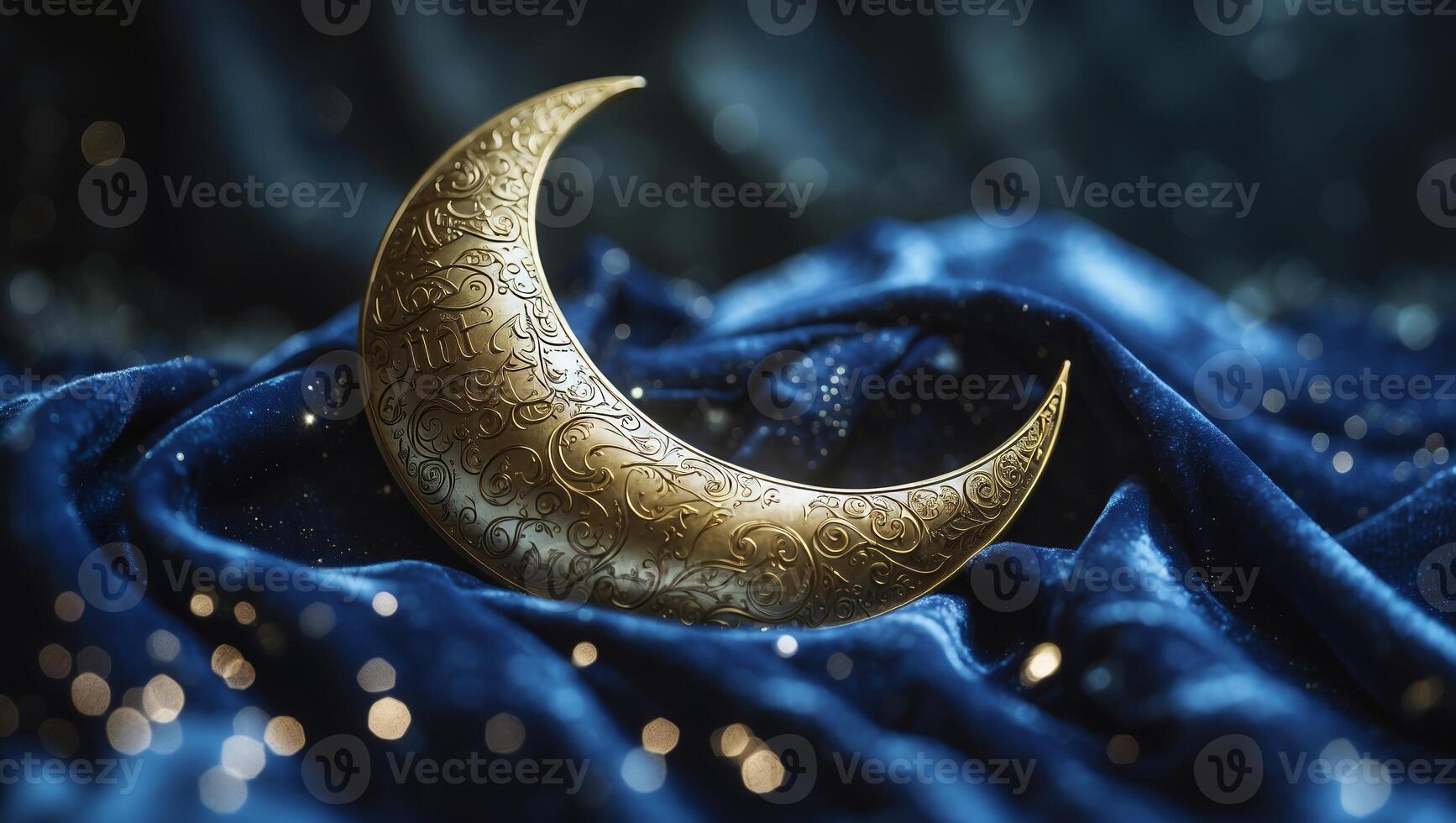 Golden crescent moon resting on blue velvet fabric with sparkling details photo