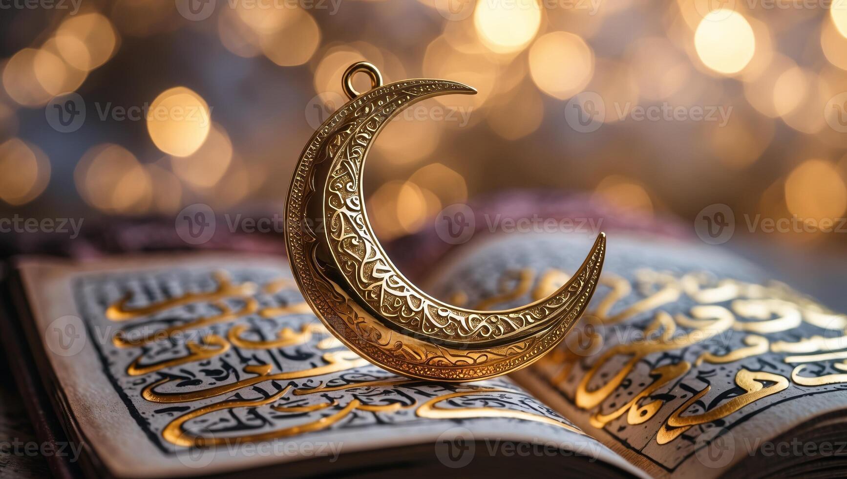 Intricate crescent moon ornament resting on an open holy book with glowing background at night photo