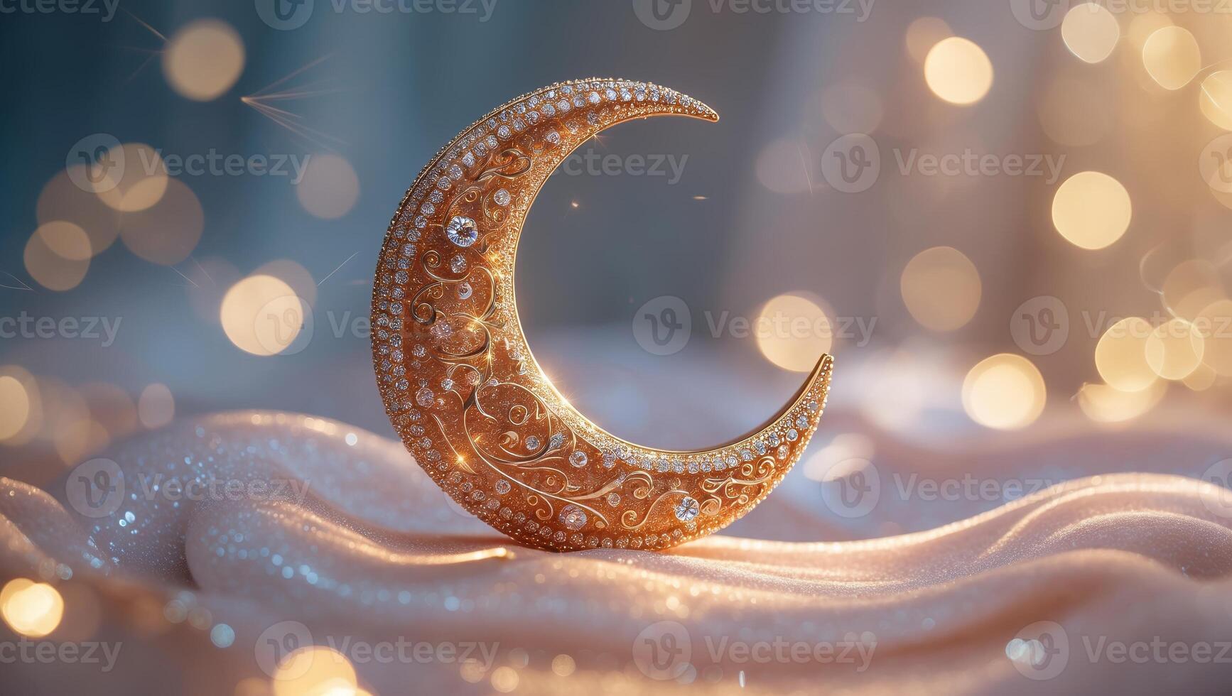 Sparkling crescent moon brooch atop delicate fabric with soft bokeh background at dusk photo