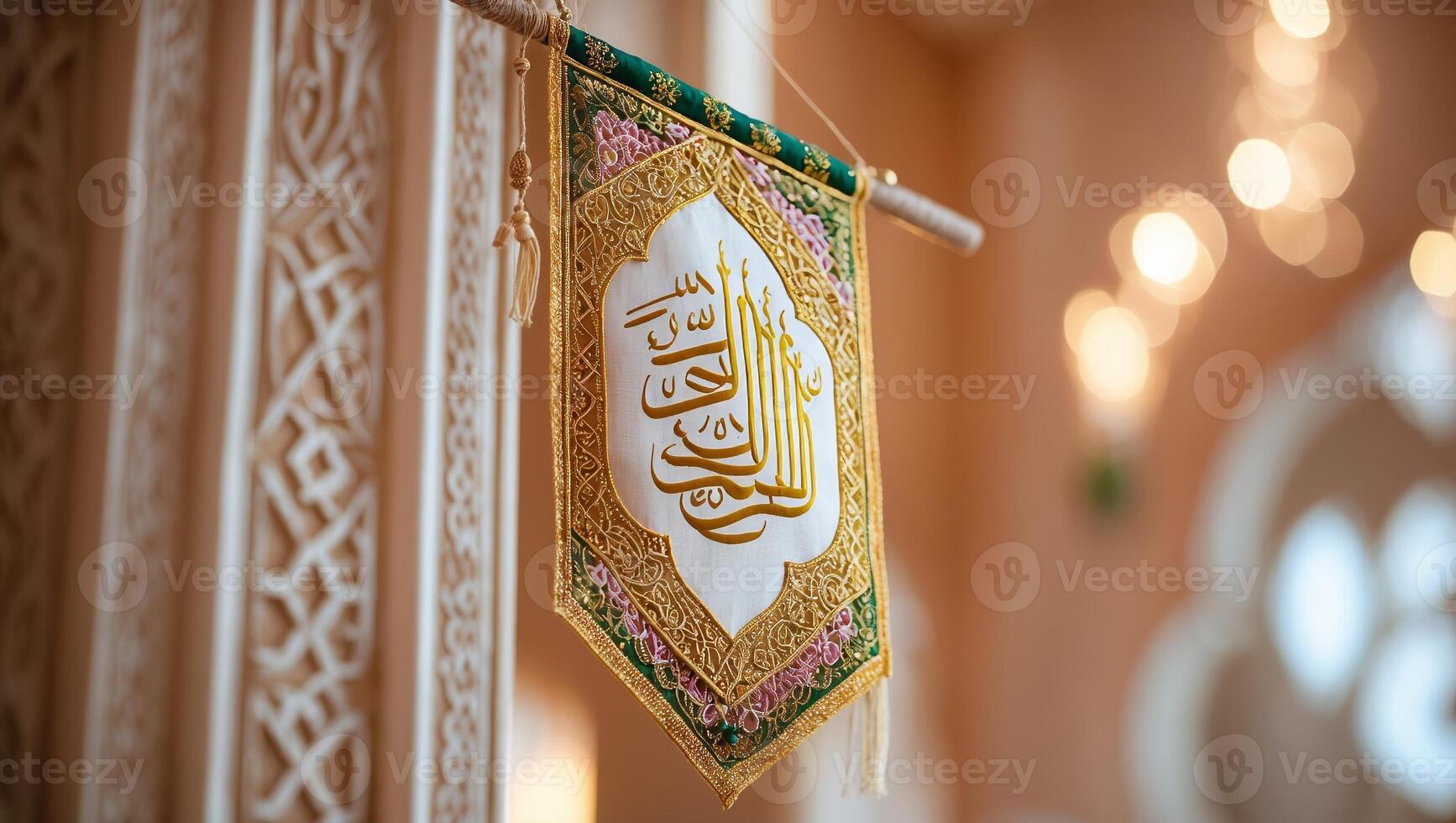 Golden calligraphy art displayed in a decorated interior with soft lighting during a cultural celebration photo