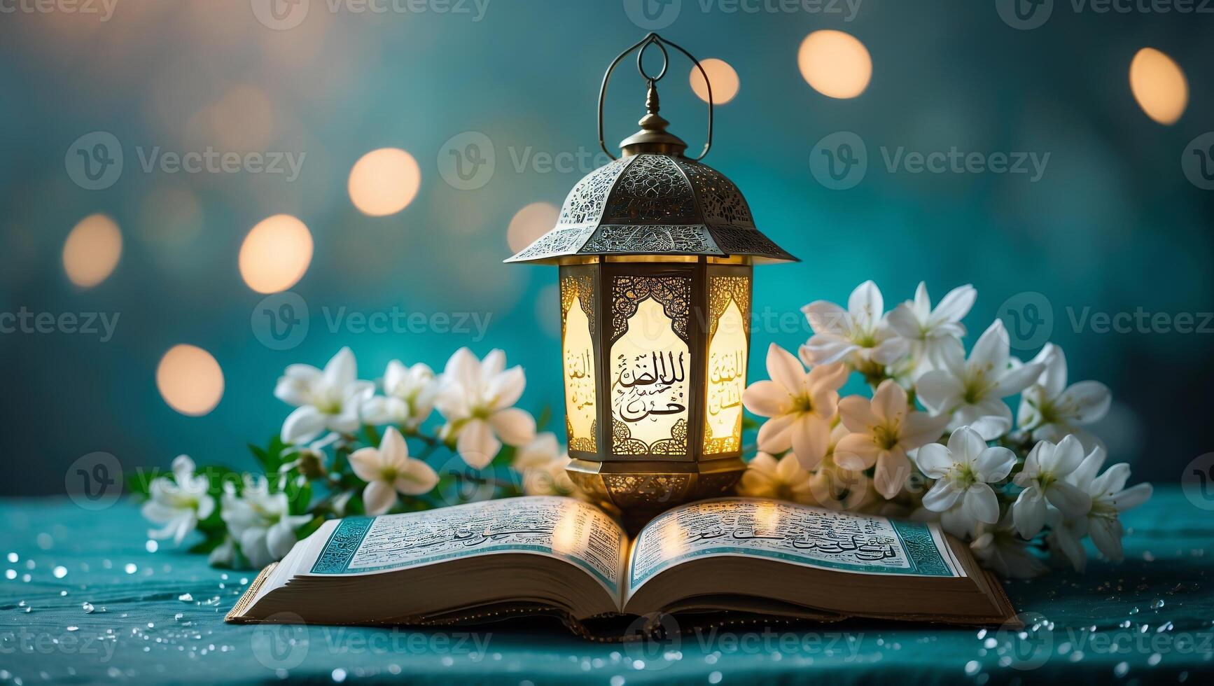 Elegant lantern and Quran illuminated by soft lights, surrounded by flowers in serene setting during evening time photo