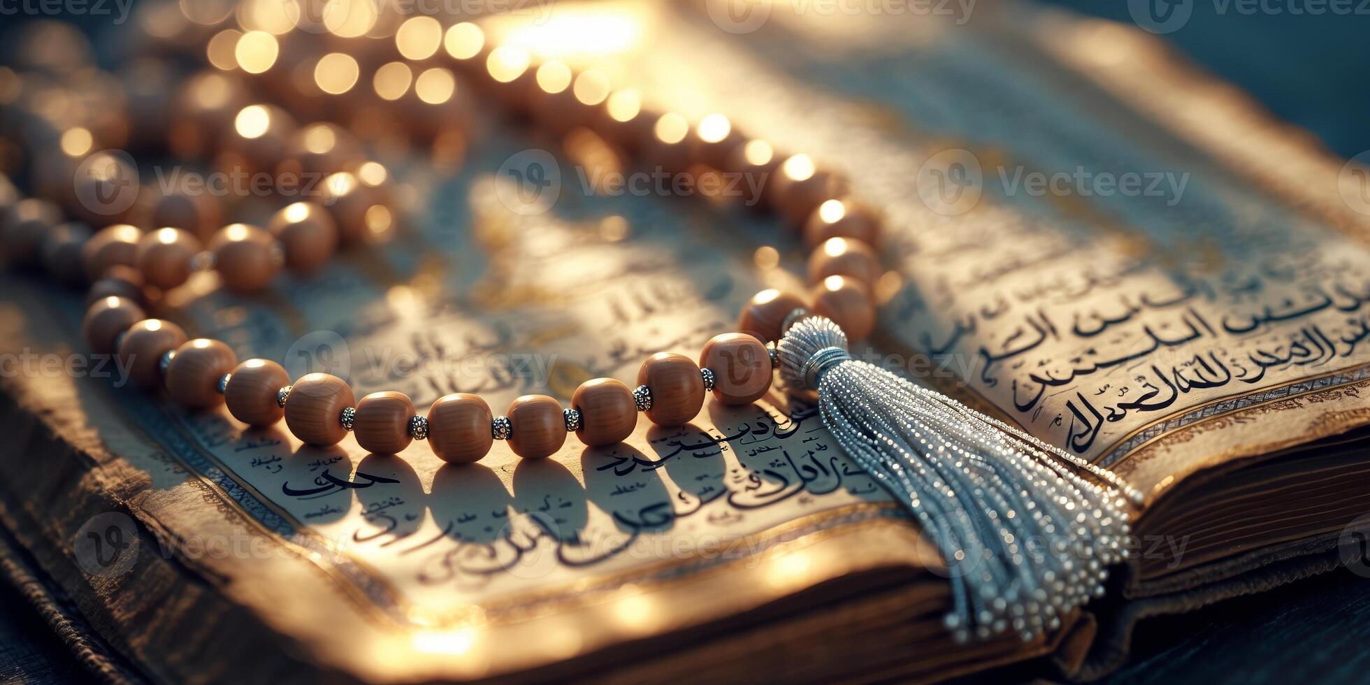 Close view of prayer beads resting on an ornate book with intricate calligraphy and warm lighting photo