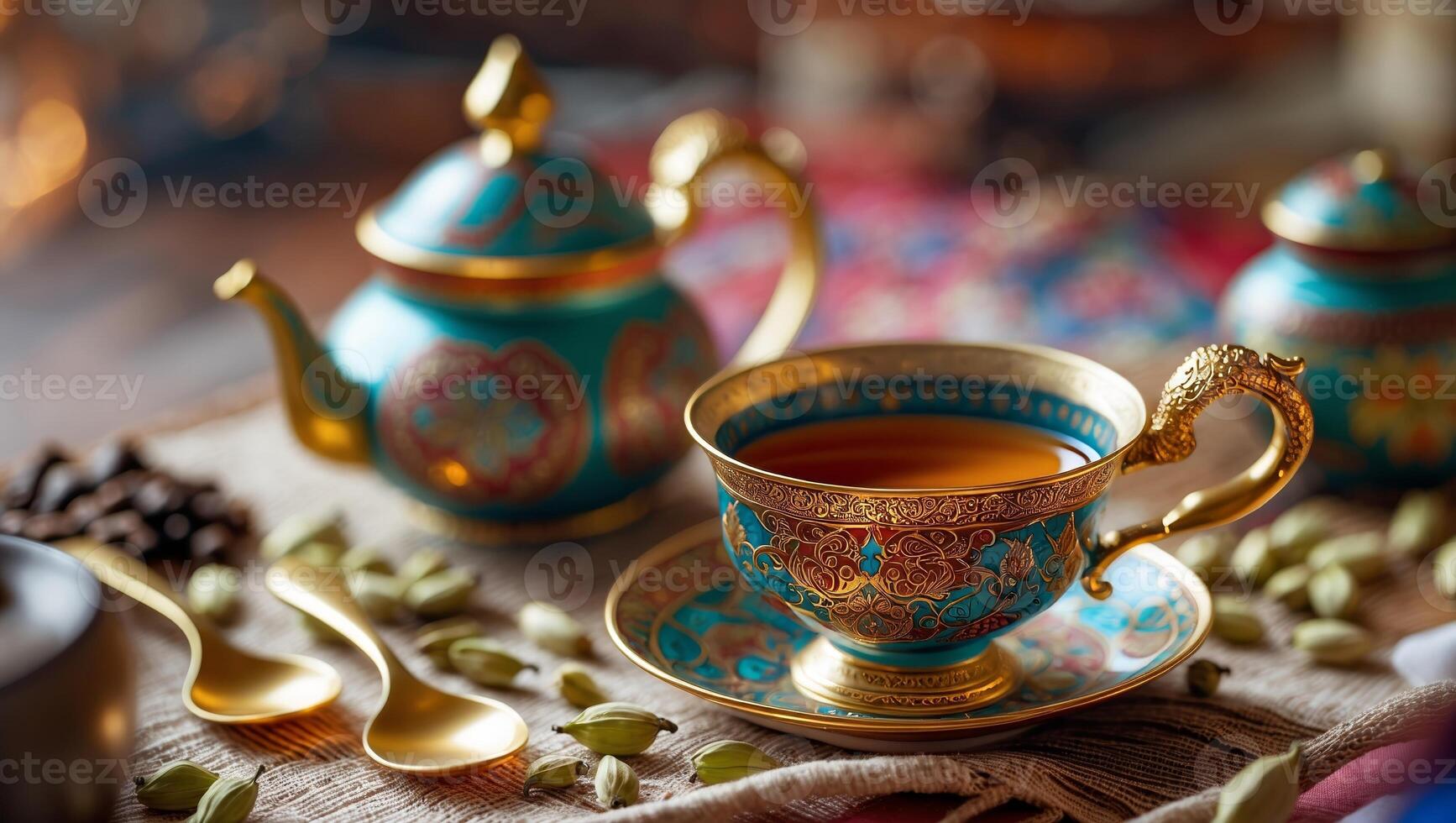Exquisite tea set on a wooden table with spices and decorative elements in a warm, inviting atmosphere photo