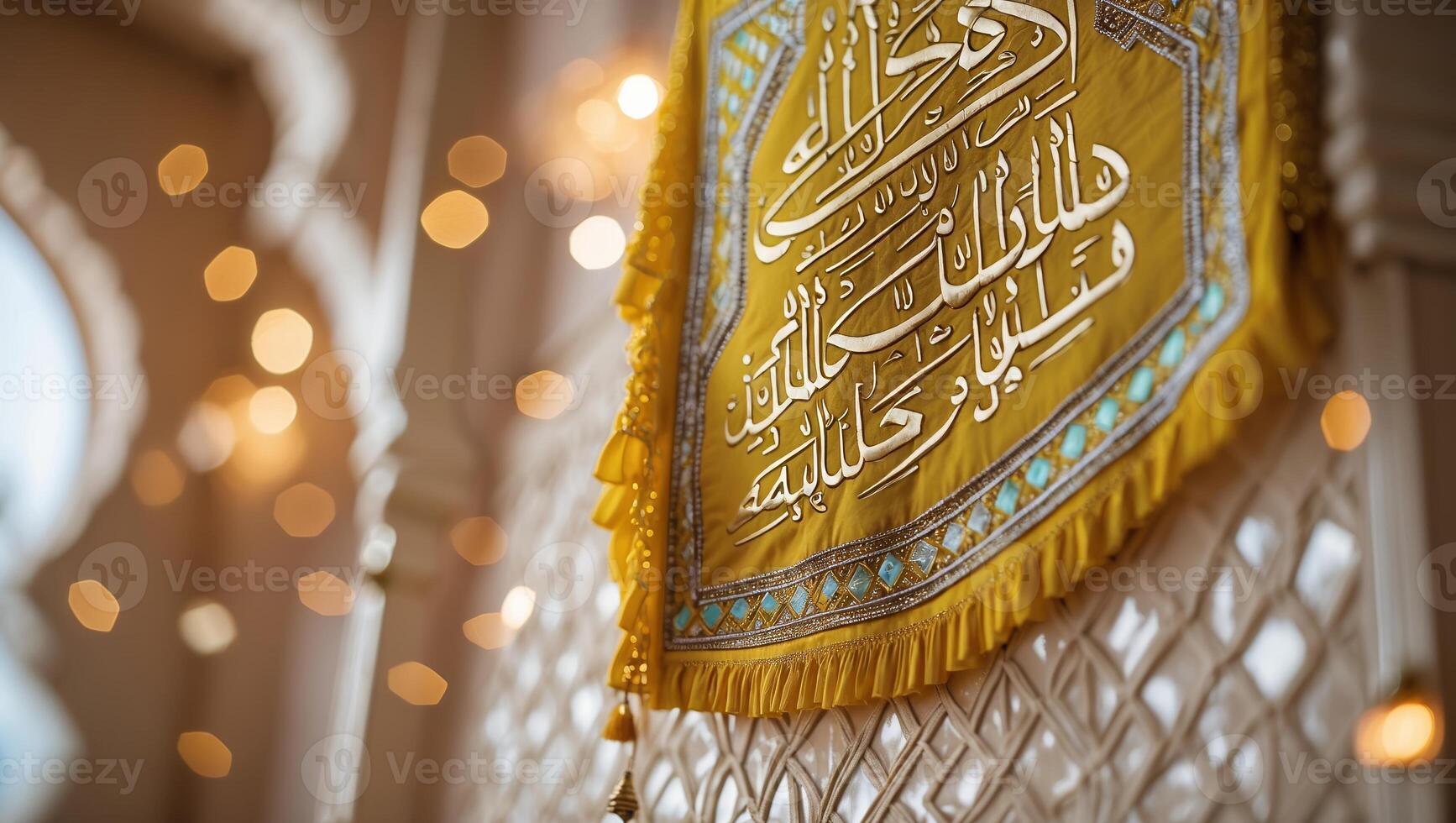 Decorative hanging showcasing intricate calligraphy in a warmly lit interior during a cultural event photo