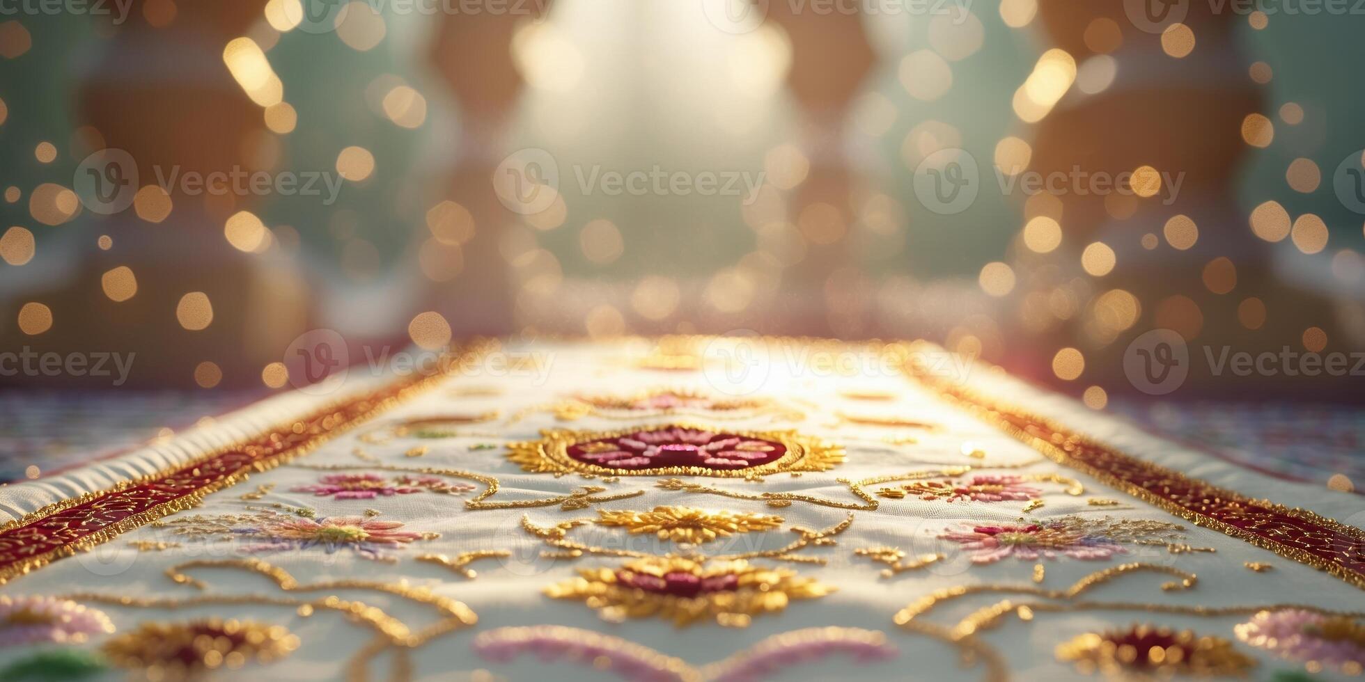 Beautifully embroidered textile with intricate patterns illuminated by soft light in a serene setting photo