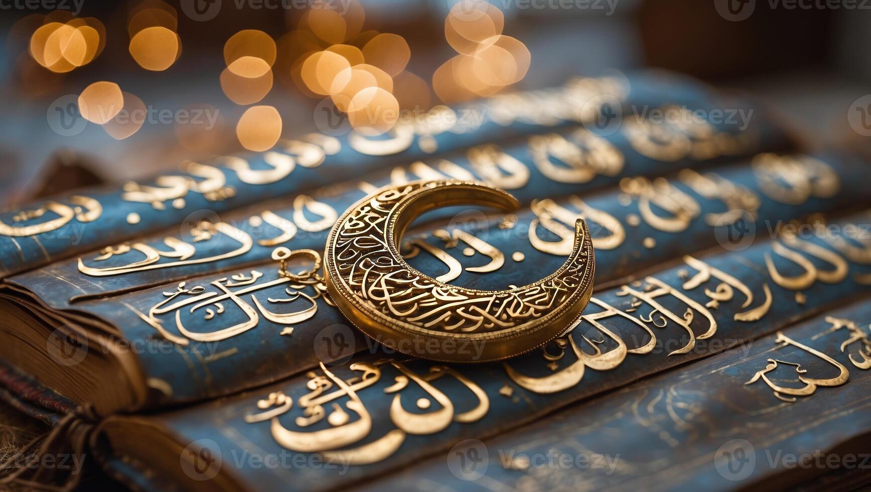 Decorative crescent moon atop ornately bound religious texts with soft lighting in the background photo