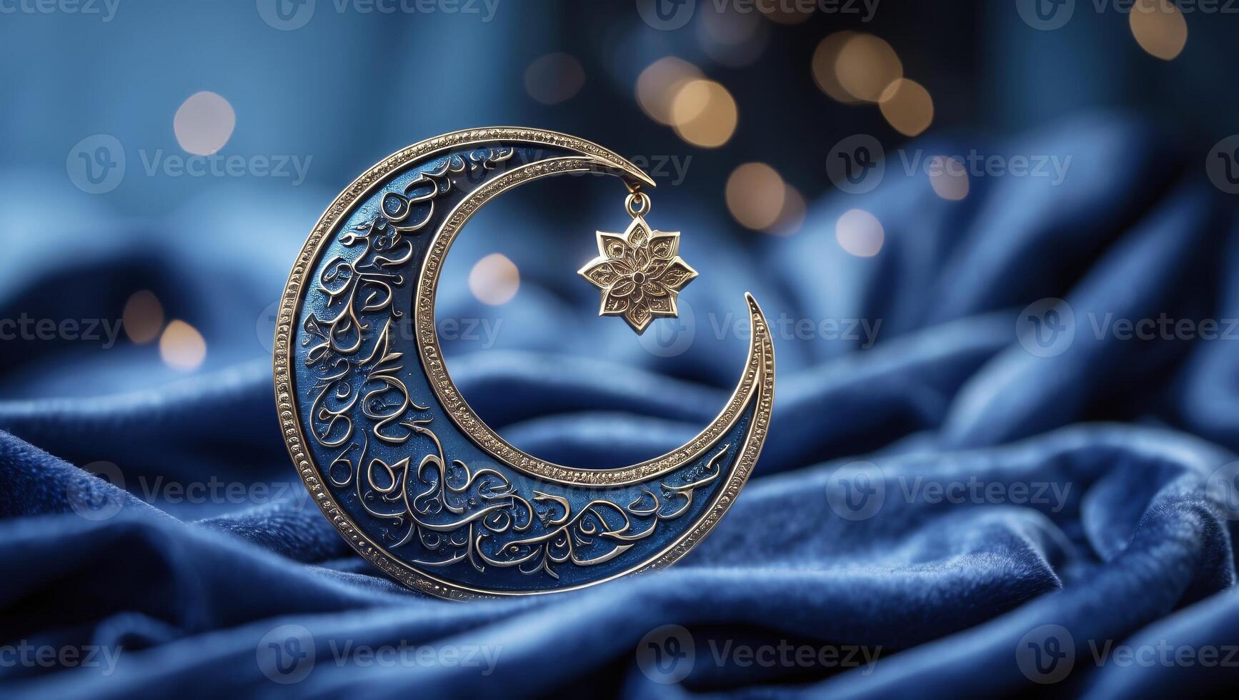 Intricate crescent moon decoration with ornate patterns and star pendant on soft blue fabric illuminated by warm bokeh lights photo