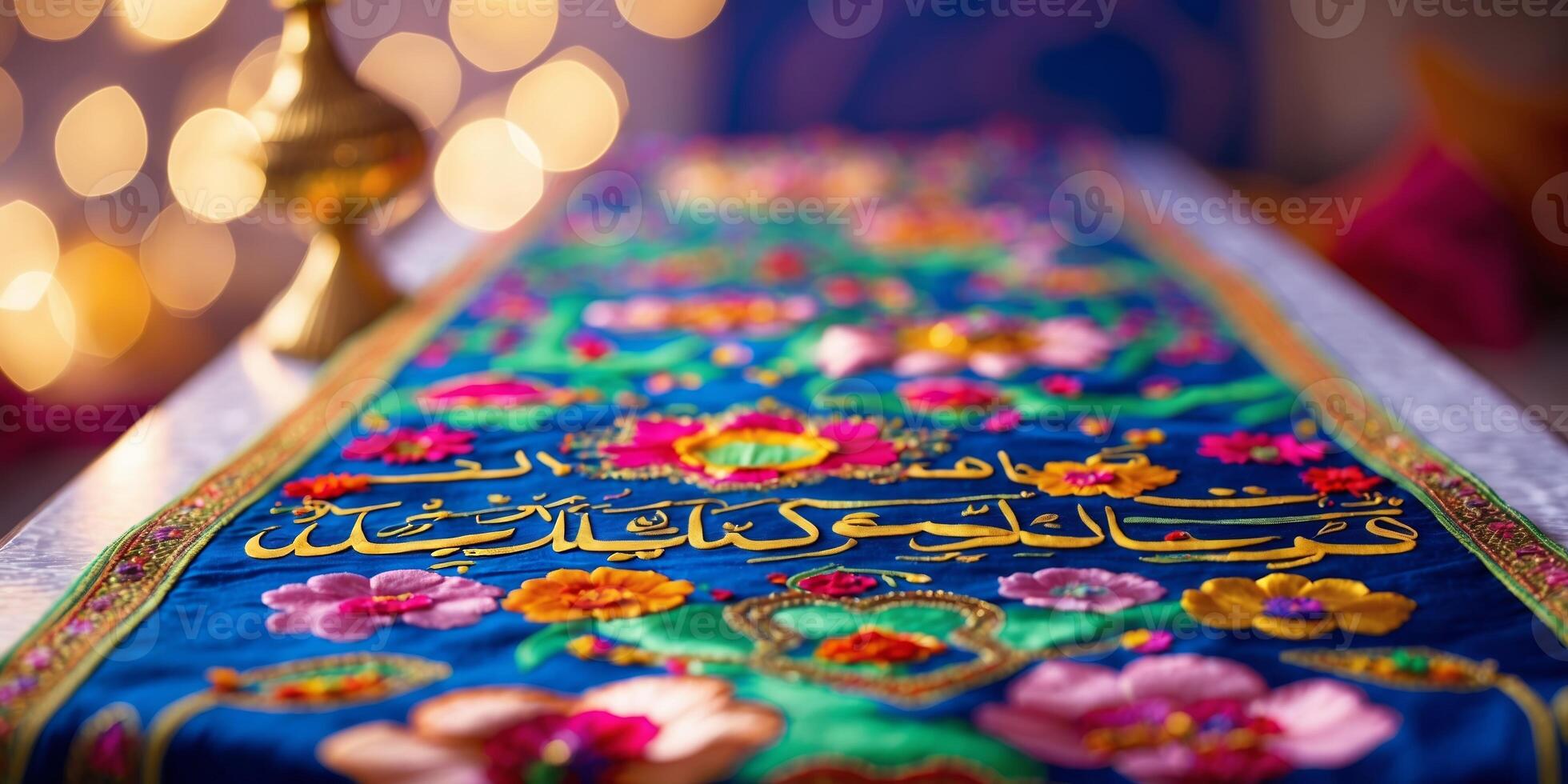Colorful embroidered fabric displayed on a table during a cultural celebration in a softly lit room photo