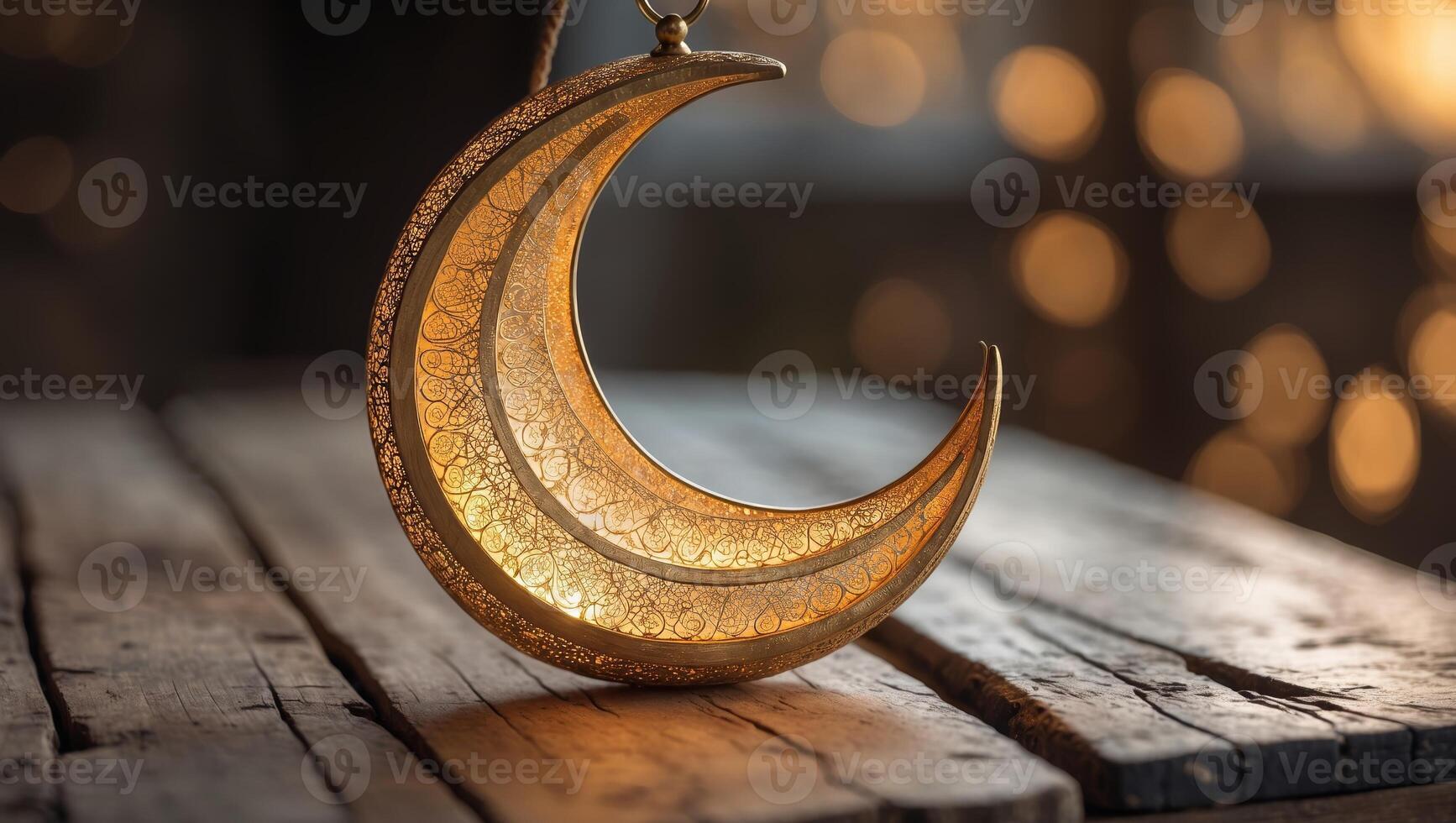 Decorative crescent moon lantern glows softly on rustic wooden table in serene evening ambiance photo