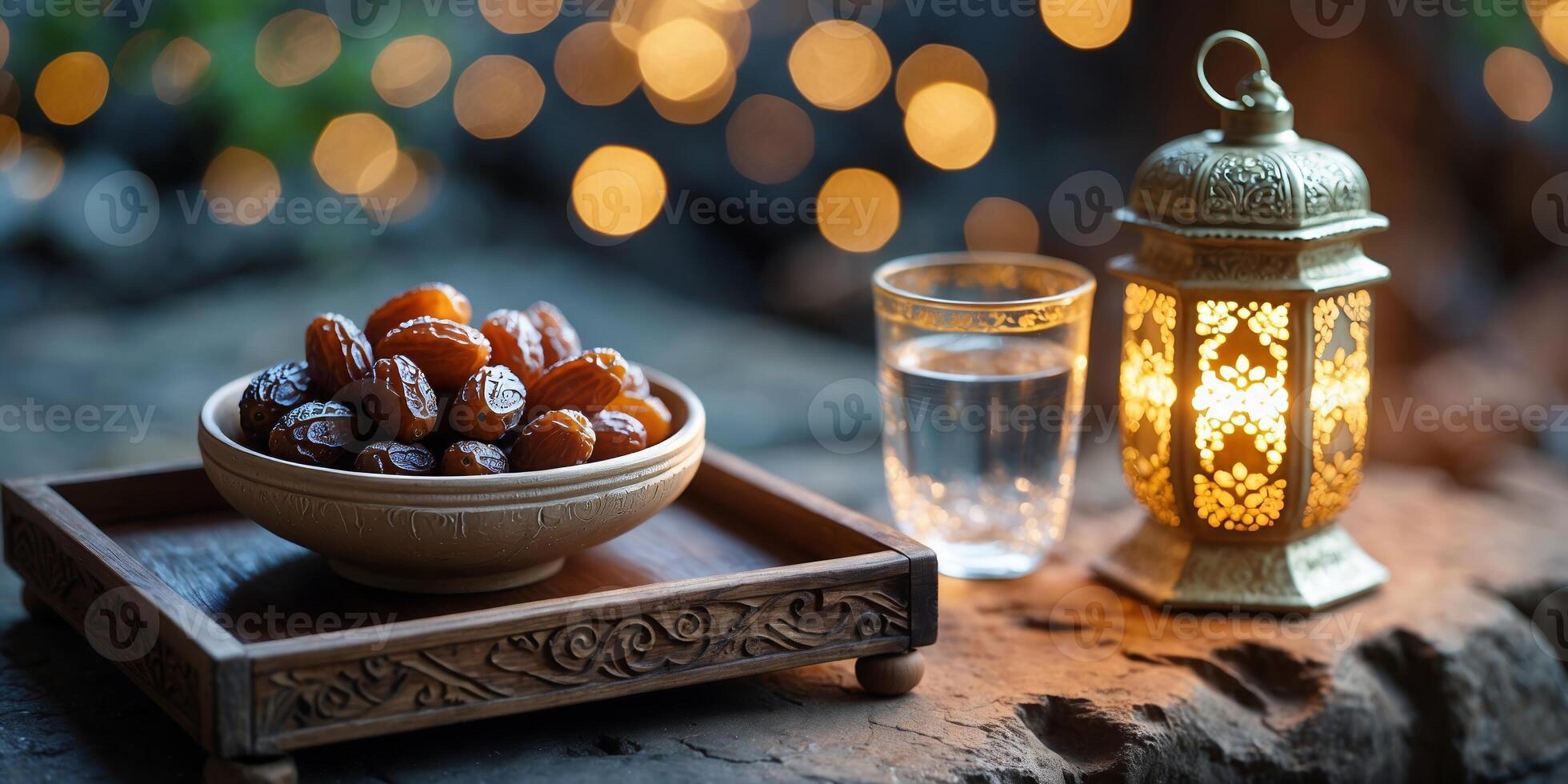 Warm evening gathering with dates, water, and a lantern on a rustic table photo
