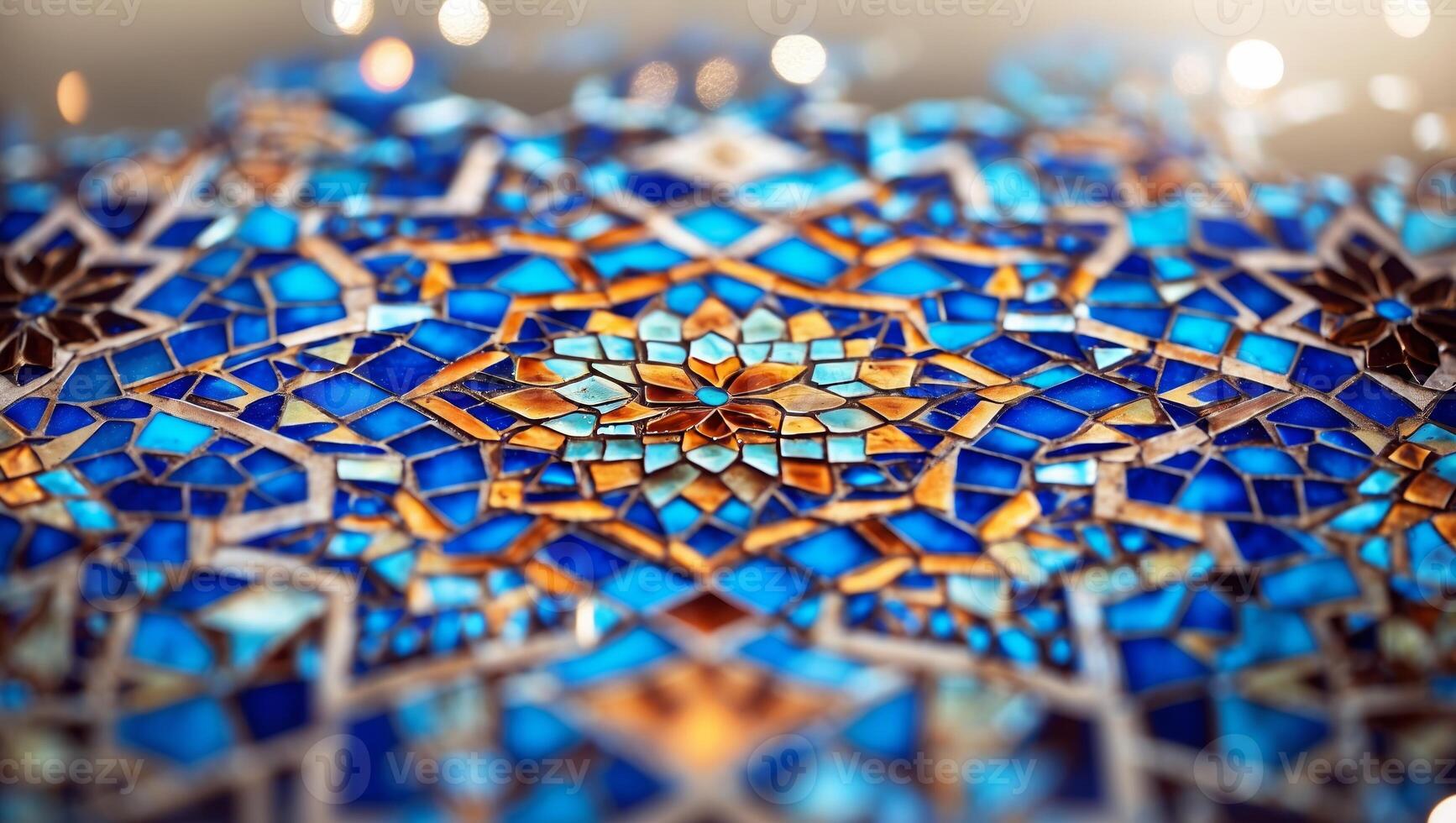 Colorful mosaic design featuring intricate patterns in shades of blue and gold photo