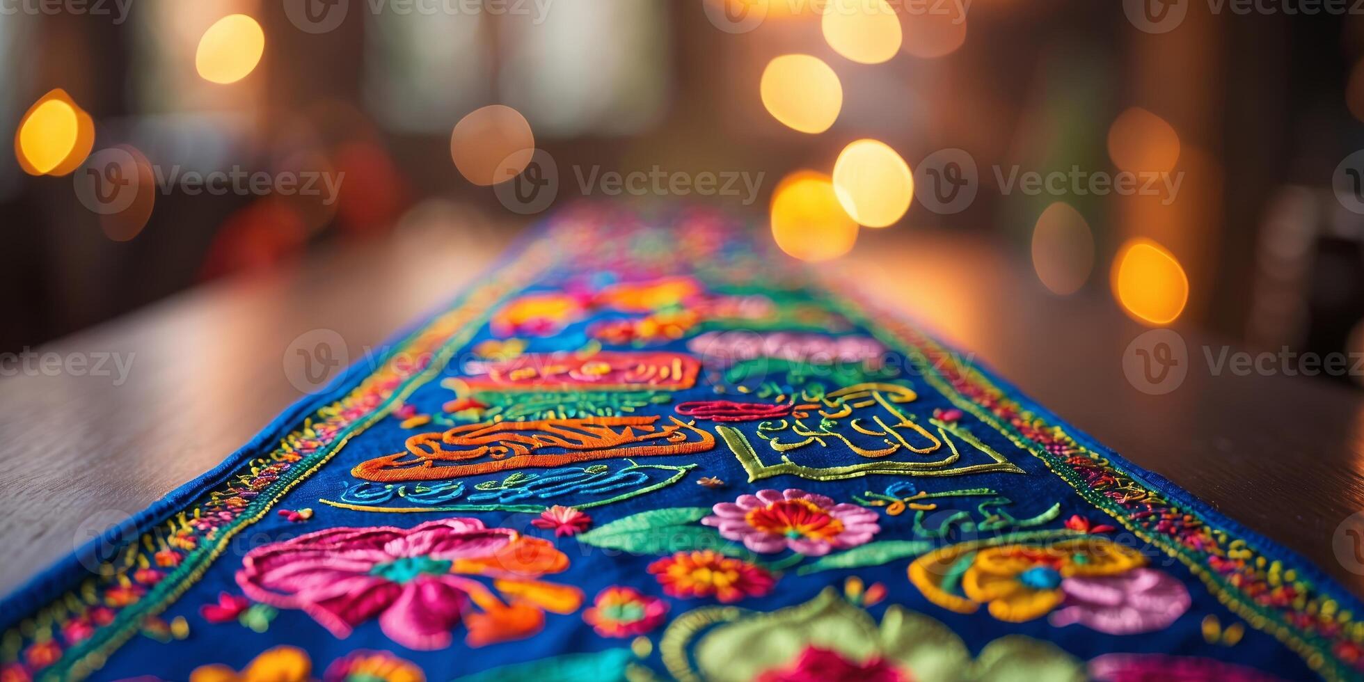 Colorful embroidered textile with floral patterns displayed in cozy indoor setting during evening photo