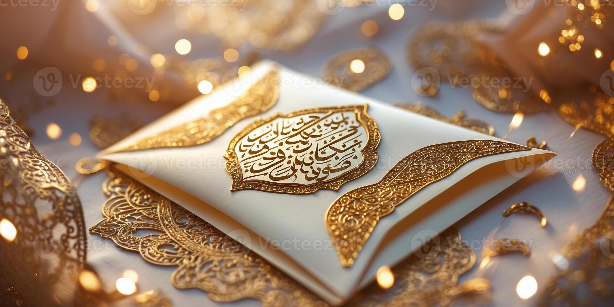 Elegant invitation card with intricate gold design on a decorative background for a cultural celebration photo