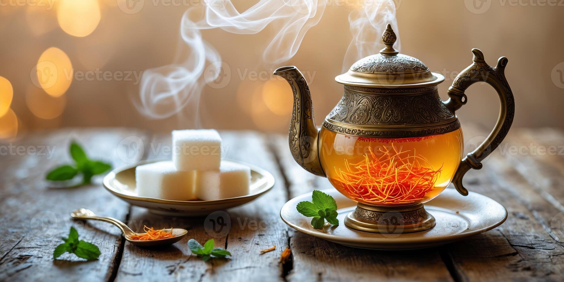 Tea kettle with steam and garnishes on a rustic wooden table in a cozy ambiance during the evening photo